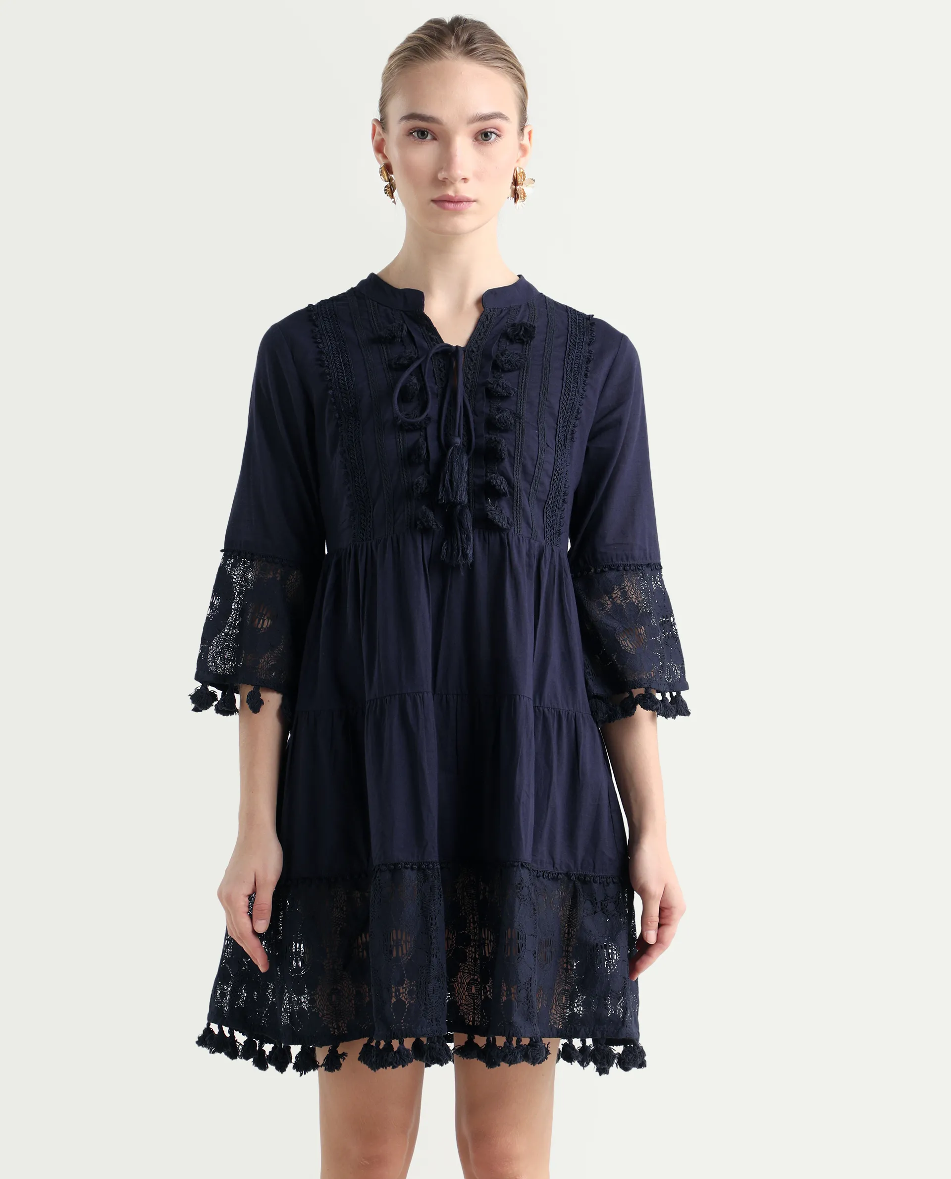 Rareism Women's Andarin Navy Cotton Tie-Up Neck Plain Bell Sleeve Knee Length Regular Fit Dress - Image 3