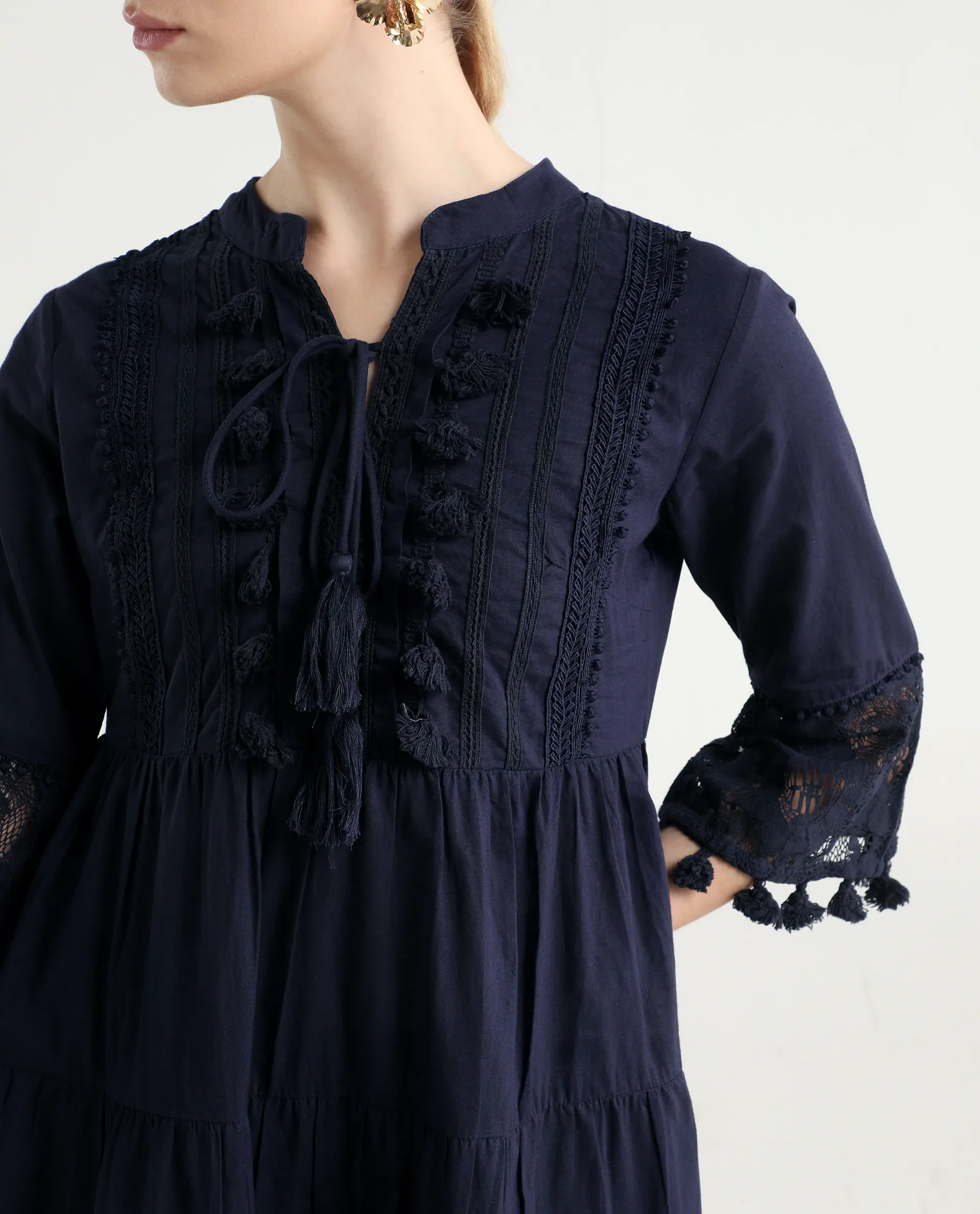 Rareism Women's Andarin Navy Cotton Tie-Up Neck Plain Bell Sleeve Knee Length Regular Fit Dress - Image 4