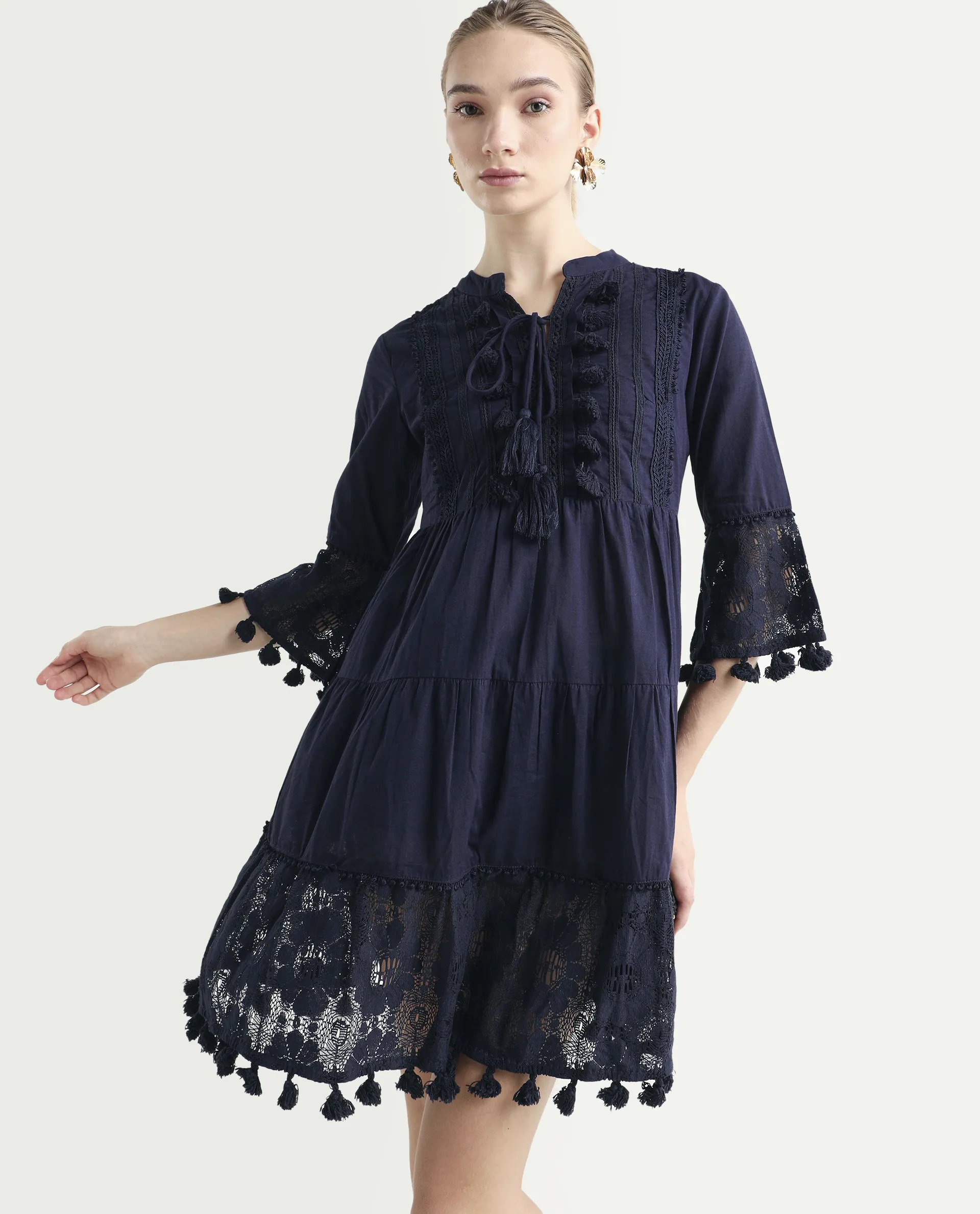Rareism Women's Andarin Navy Cotton Tie-Up Neck Plain Bell Sleeve Knee Length Regular Fit Dress - Image 5