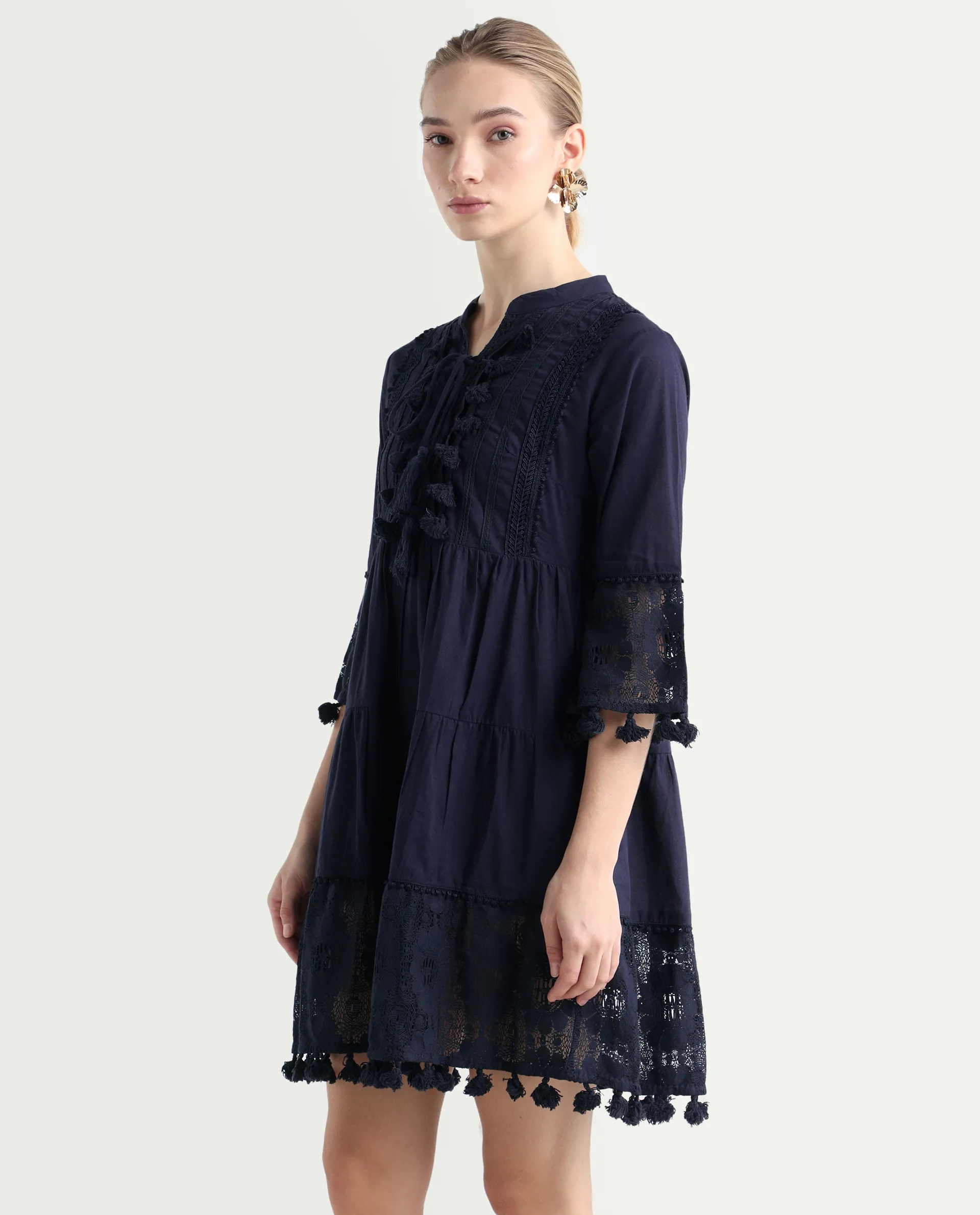 Rareism Women's Andarin Navy Cotton Tie-Up Neck Plain Bell Sleeve Knee Length Regular Fit Dress - Image 6