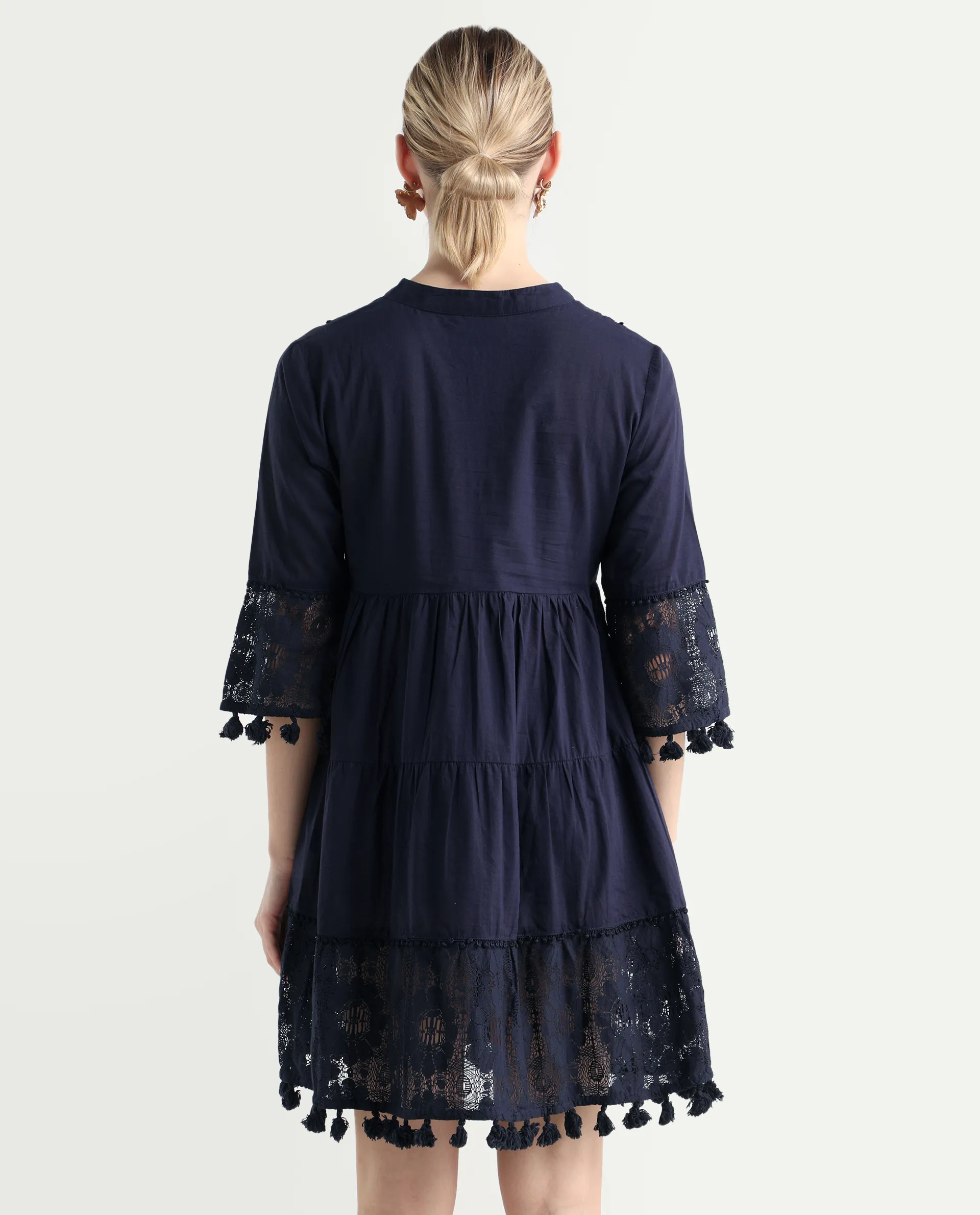 Rareism Women's Andarin Navy Cotton Tie-Up Neck Plain Bell Sleeve Knee Length Regular Fit Dress - Image 7