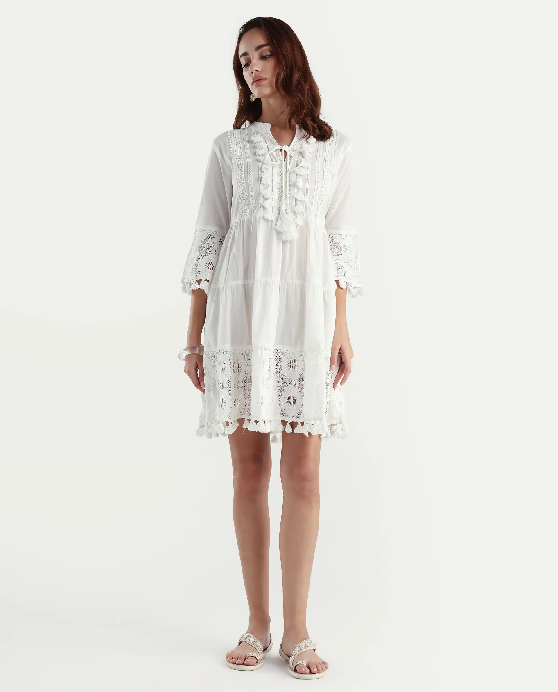 Rareism Women's Andarin White Cotton Tie-Up Neck Plain Bell Sleeve Knee Length Regular Fit Dress - Image 2