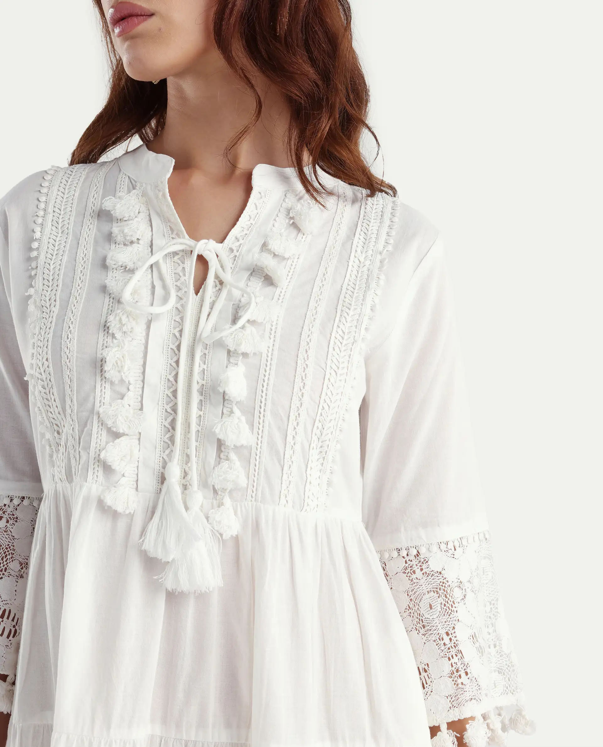 Rareism Women's Andarin White Cotton Tie-Up Neck Plain Bell Sleeve Knee Length Regular Fit Dress - Image 3