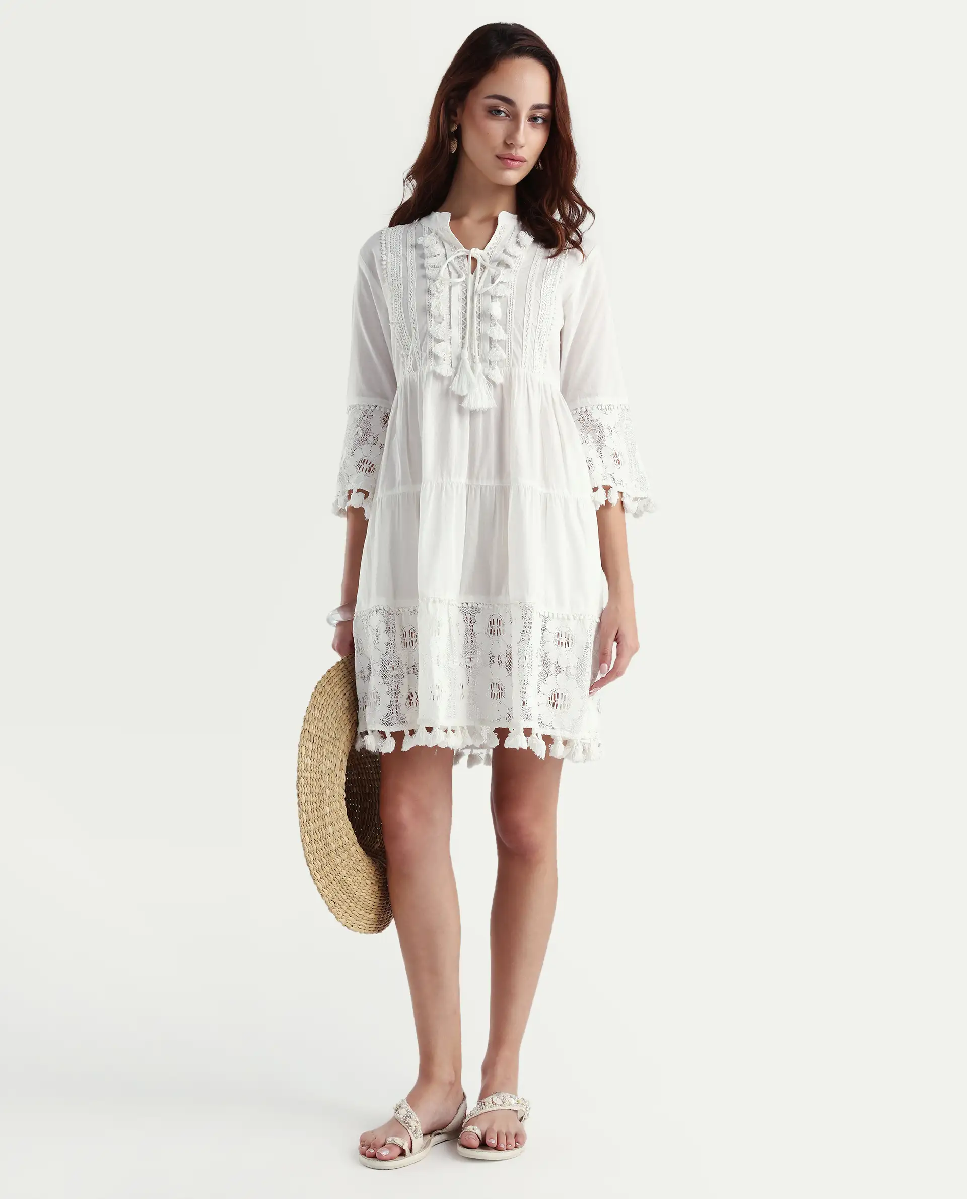 Rareism Women's Andarin White Cotton Tie-Up Neck Plain Bell Sleeve Knee Length Regular Fit Dress - Image 4