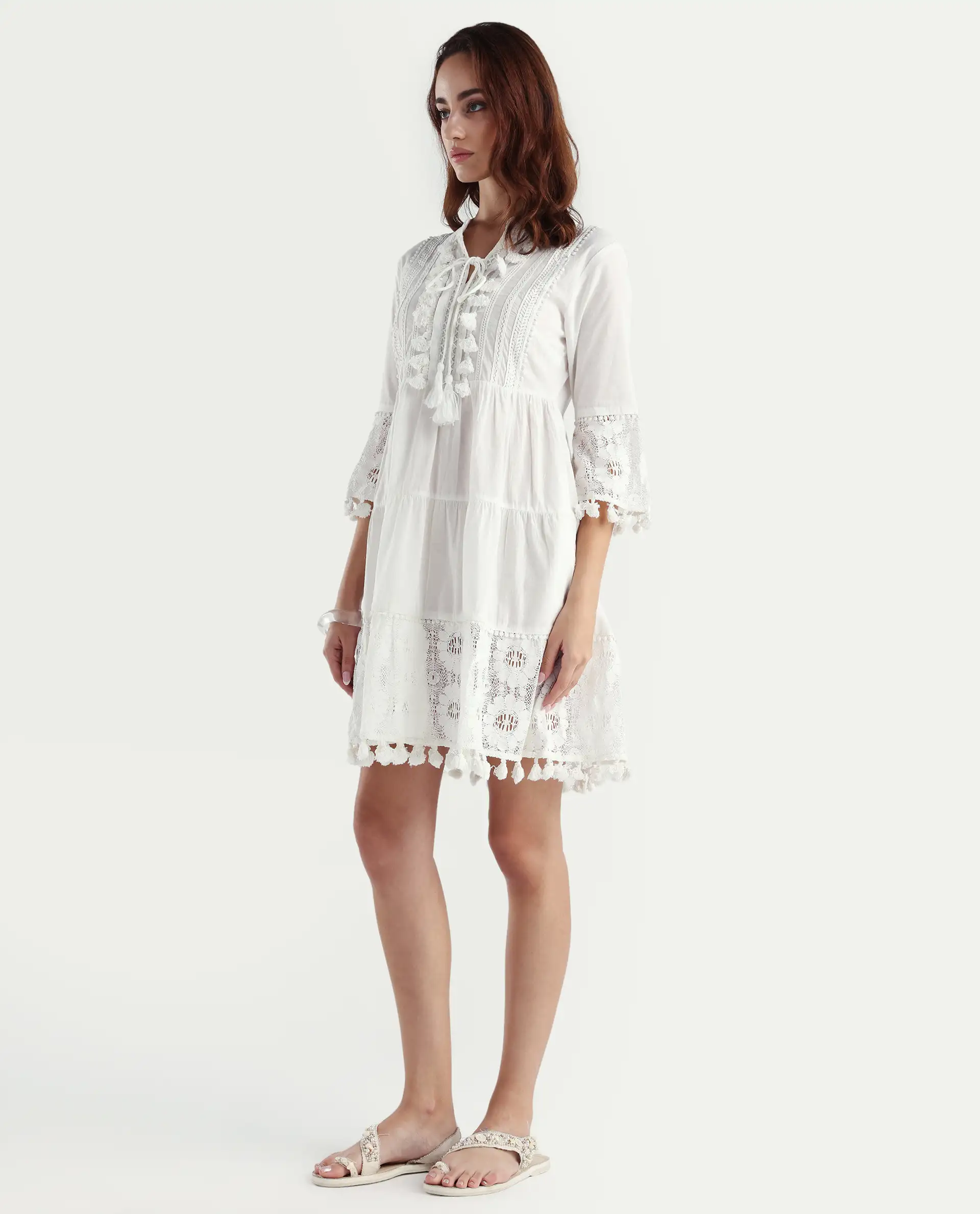 Rareism Women's Andarin White Cotton Tie-Up Neck Plain Bell Sleeve Knee Length Regular Fit Dress - Image 5