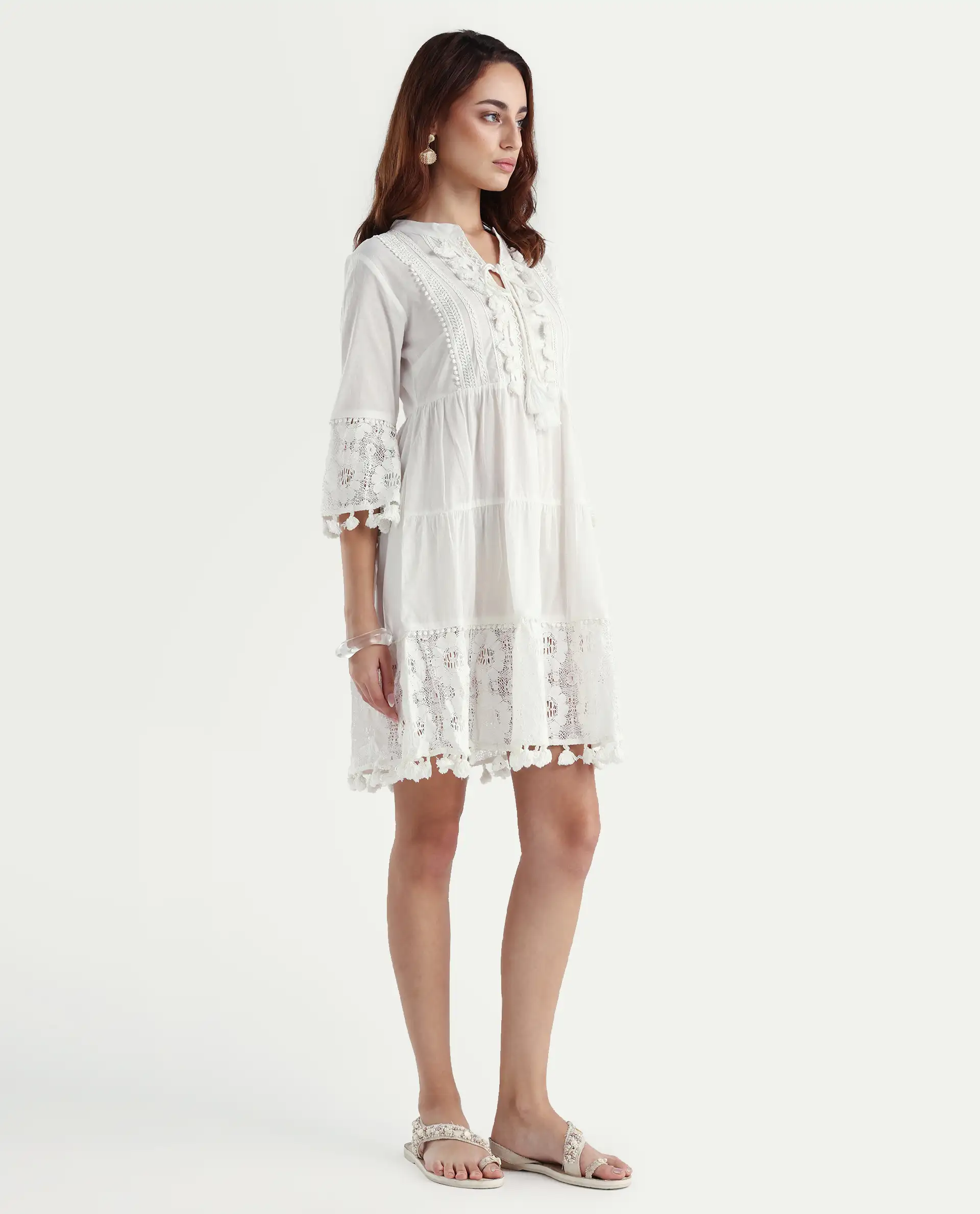 Rareism Women's Andarin White Cotton Tie-Up Neck Plain Bell Sleeve Knee Length Regular Fit Dress - Image 6