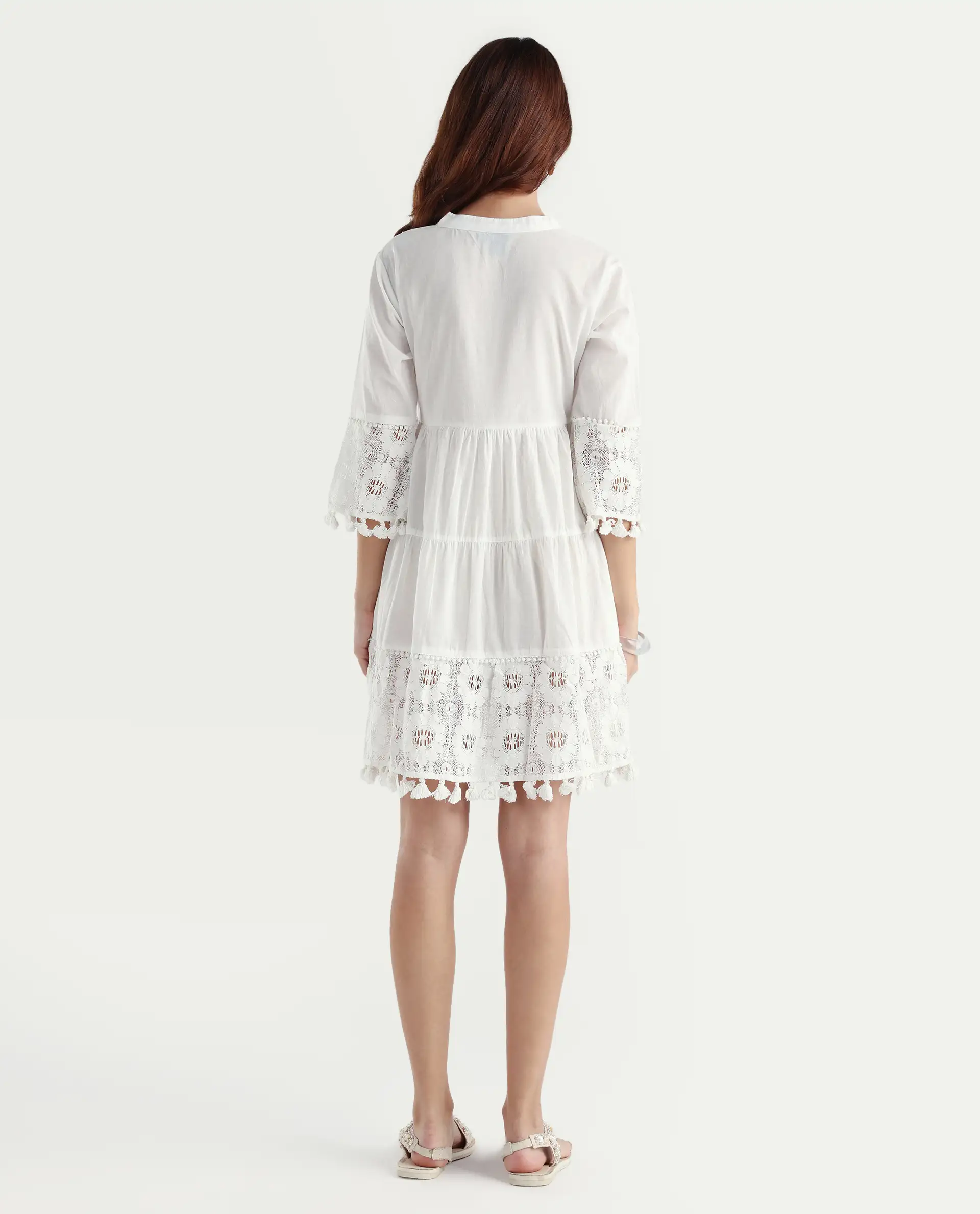 Rareism Women's Andarin White Cotton Tie-Up Neck Plain Bell Sleeve Knee Length Regular Fit Dress - Image 7