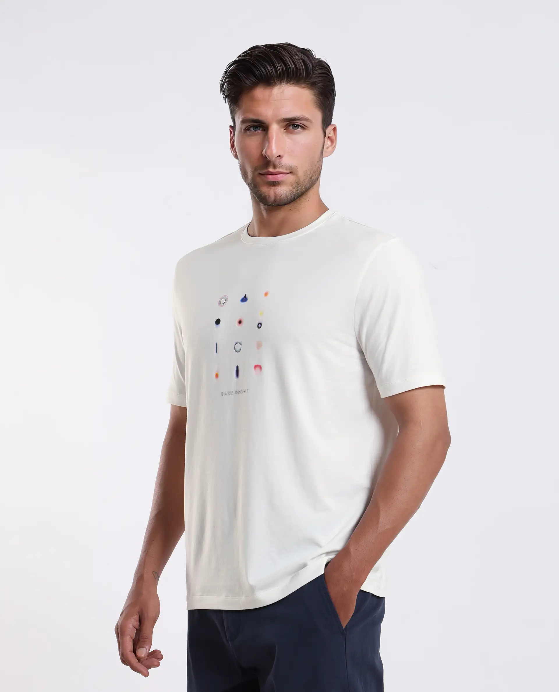 Rare Rabbit Men's Andem Off White Cotton Blend Graphic Print Regular Fit Half Sleeve Crew Neck T-Shirt - Image 4