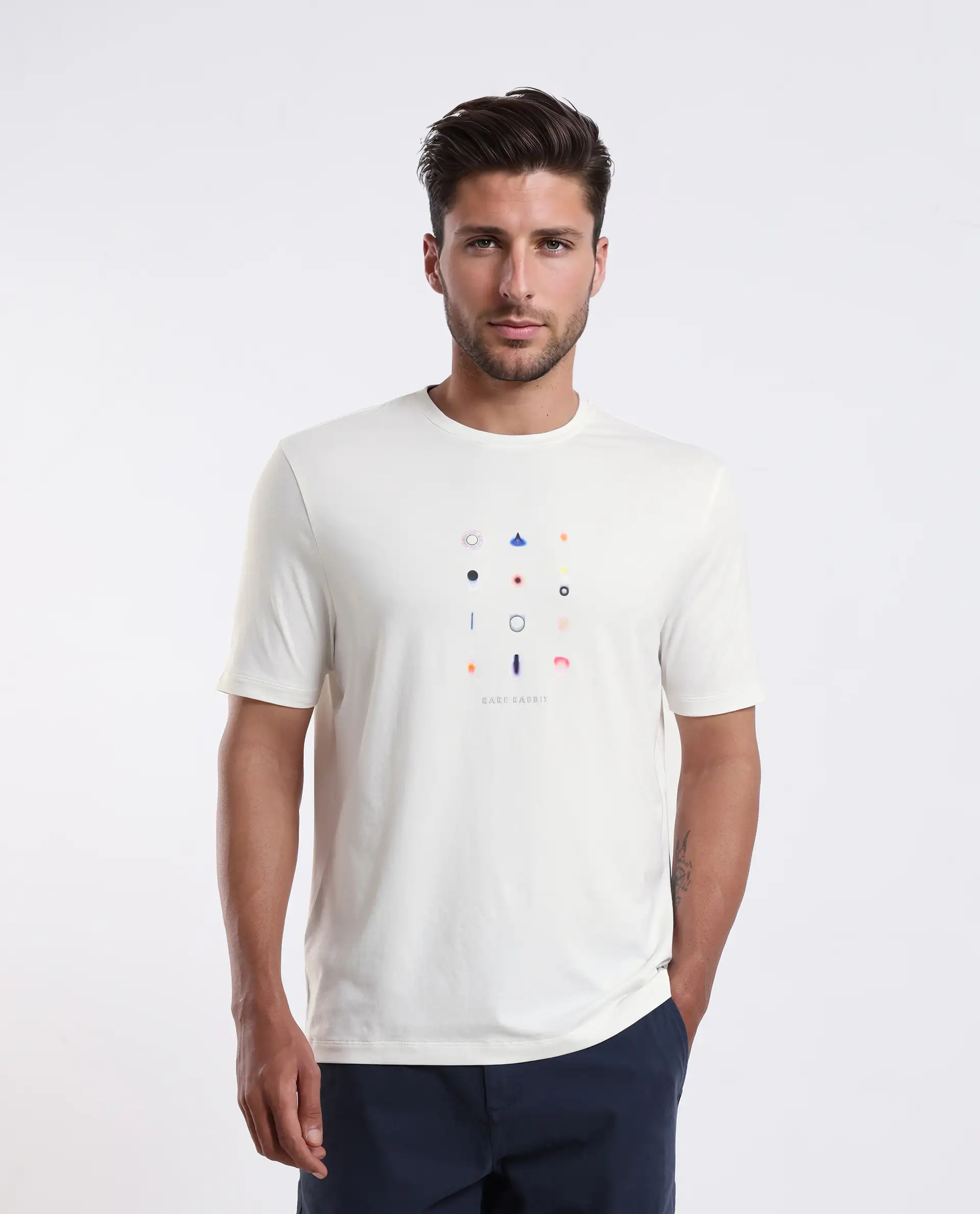 Rare Rabbit Men's Andem Off White Cotton Blend Graphic Print Regular Fit Half Sleeve Crew Neck T-Shirt - Image 7
