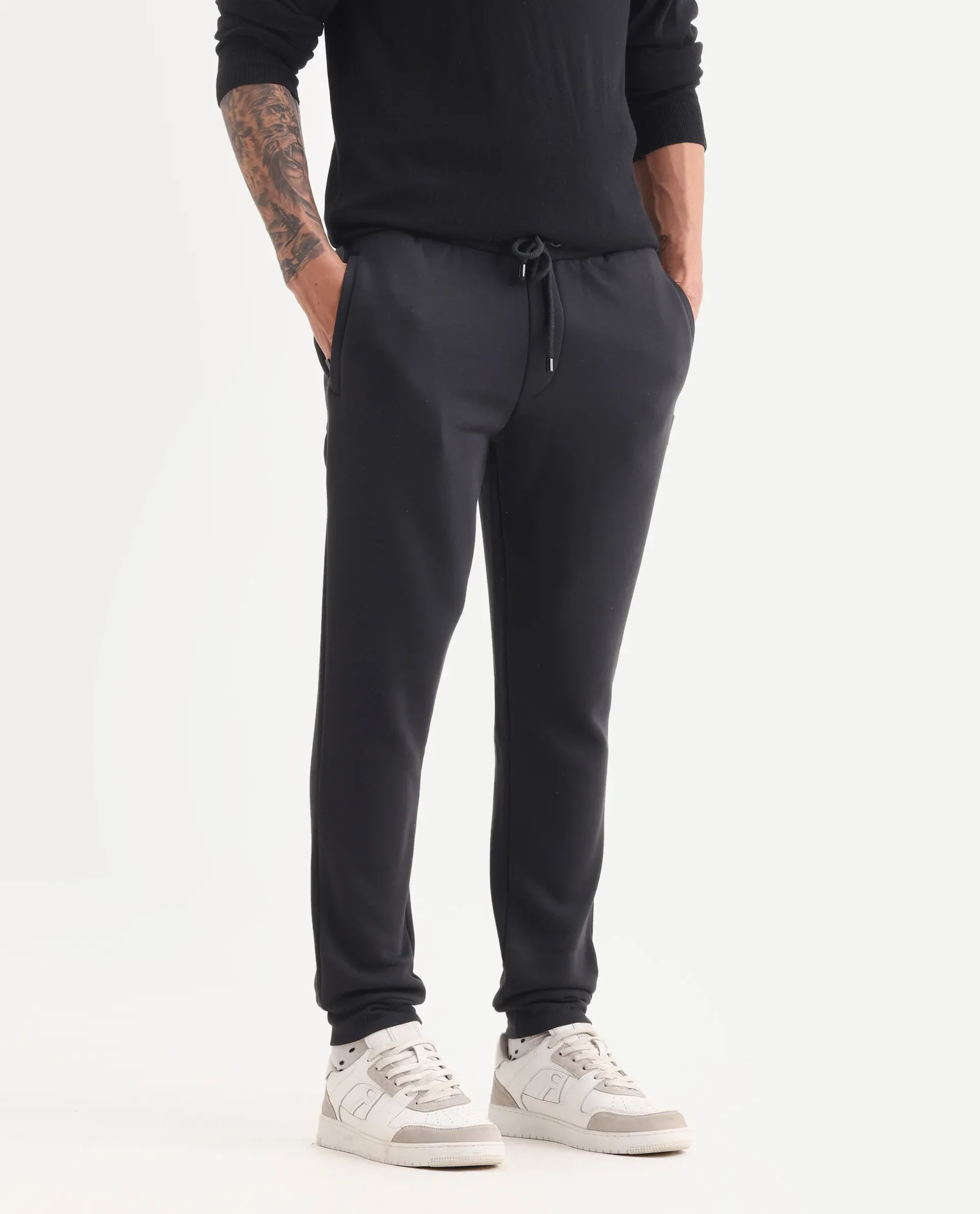 Rare Rabbit Men's Ander Black Cotton Plain Regular Fit Joggers - Image 2