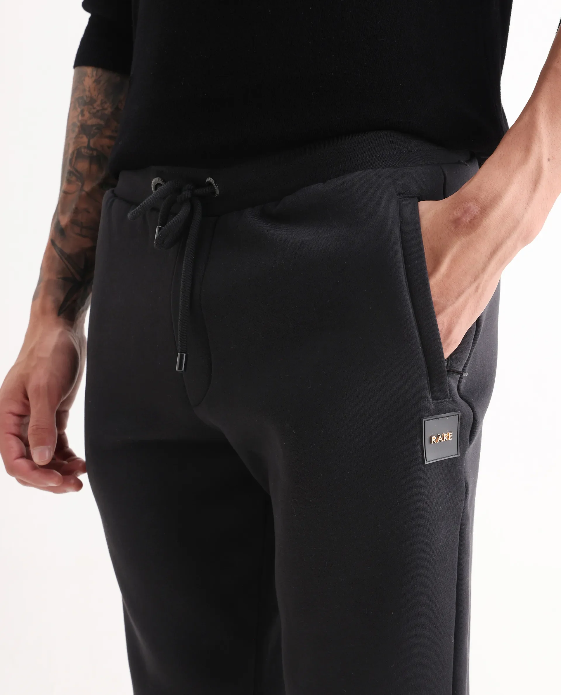 Rare Rabbit Men's Ander Black Cotton Plain Regular Fit Joggers - Image 3