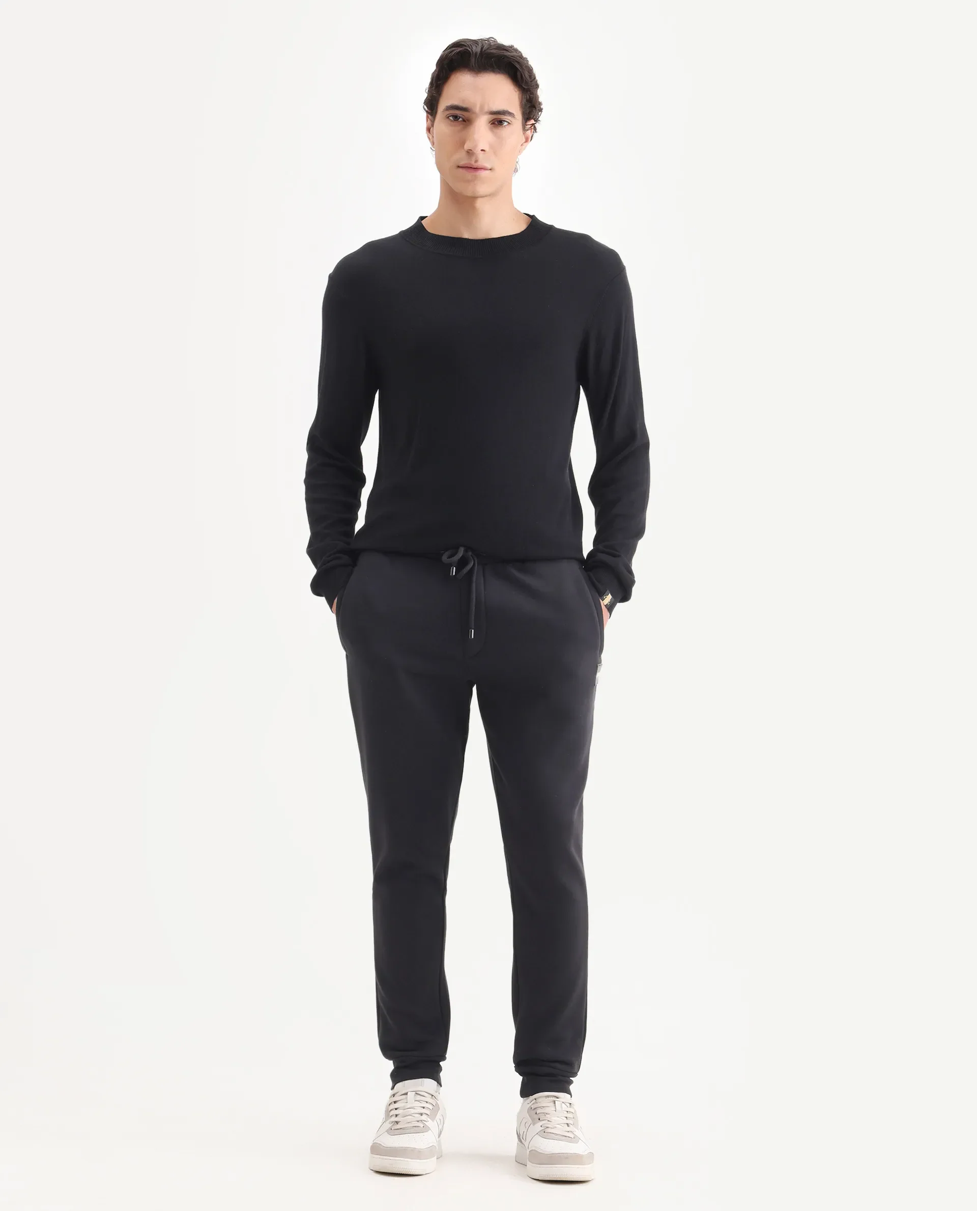Rare Rabbit Men's Ander Black Cotton Plain Regular Fit Joggers - Image 4