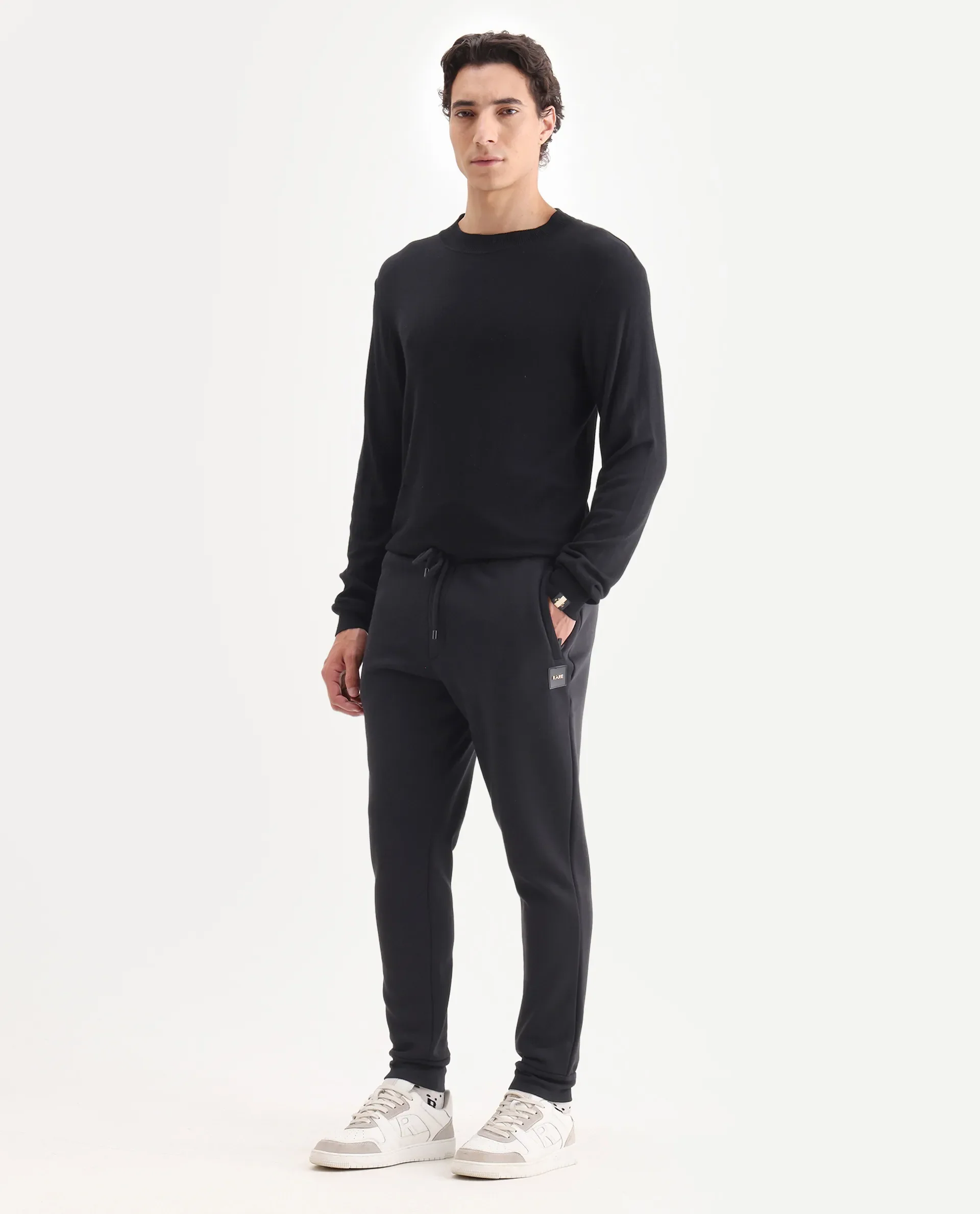 Rare Rabbit Men's Ander Black Cotton Plain Regular Fit Joggers - Image 5