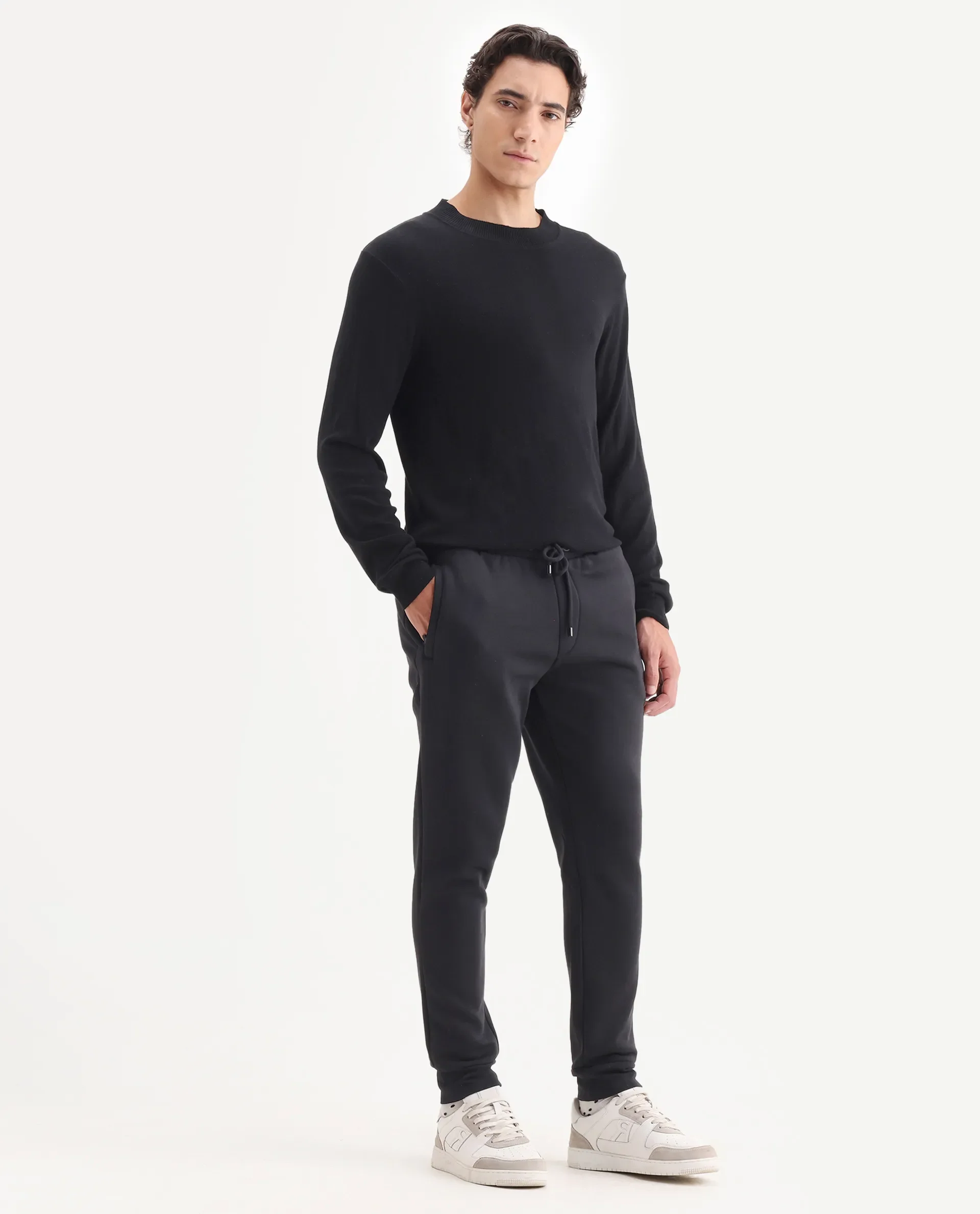 Rare Rabbit Men's Ander Black Cotton Plain Regular Fit Joggers - Image 6