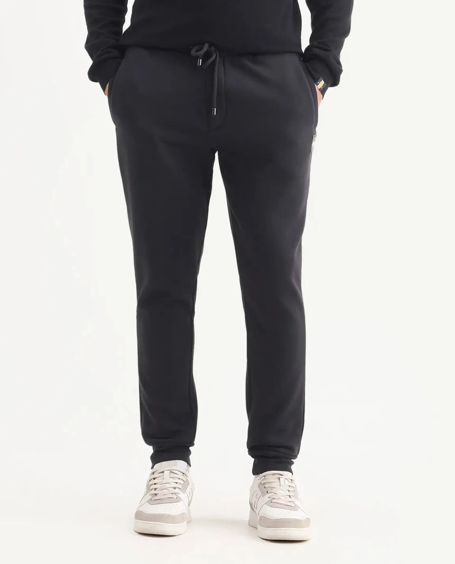Rare Rabbit Men's Ander Black Cotton Plain Regular Fit Joggers - Image 8