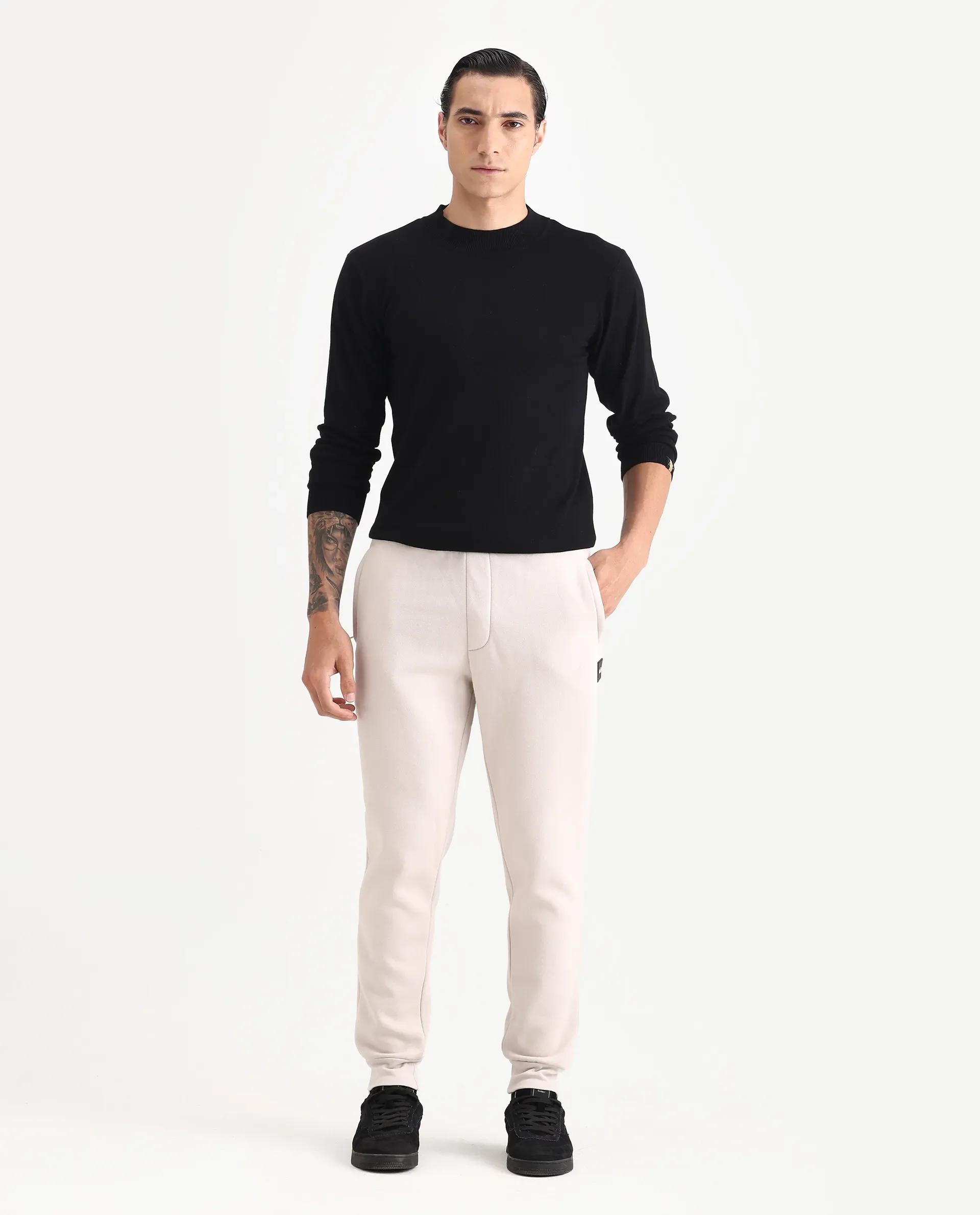 Rare Rabbit Men's Ander Off White Cotton Plain Regular Fit Track Joggers - Image 4