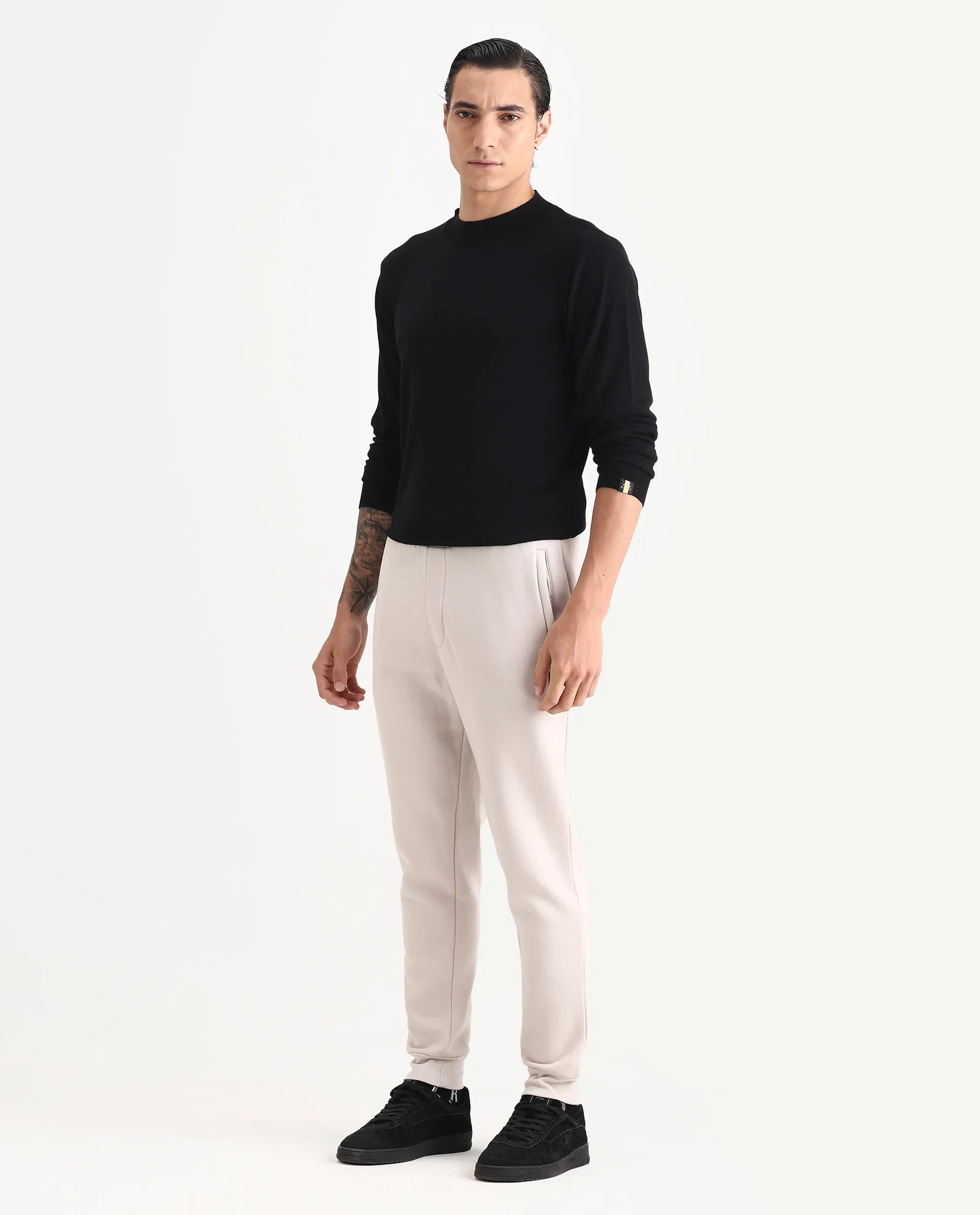 Rare Rabbit Men's Ander Off White Cotton Plain Regular Fit Track Joggers - Image 5