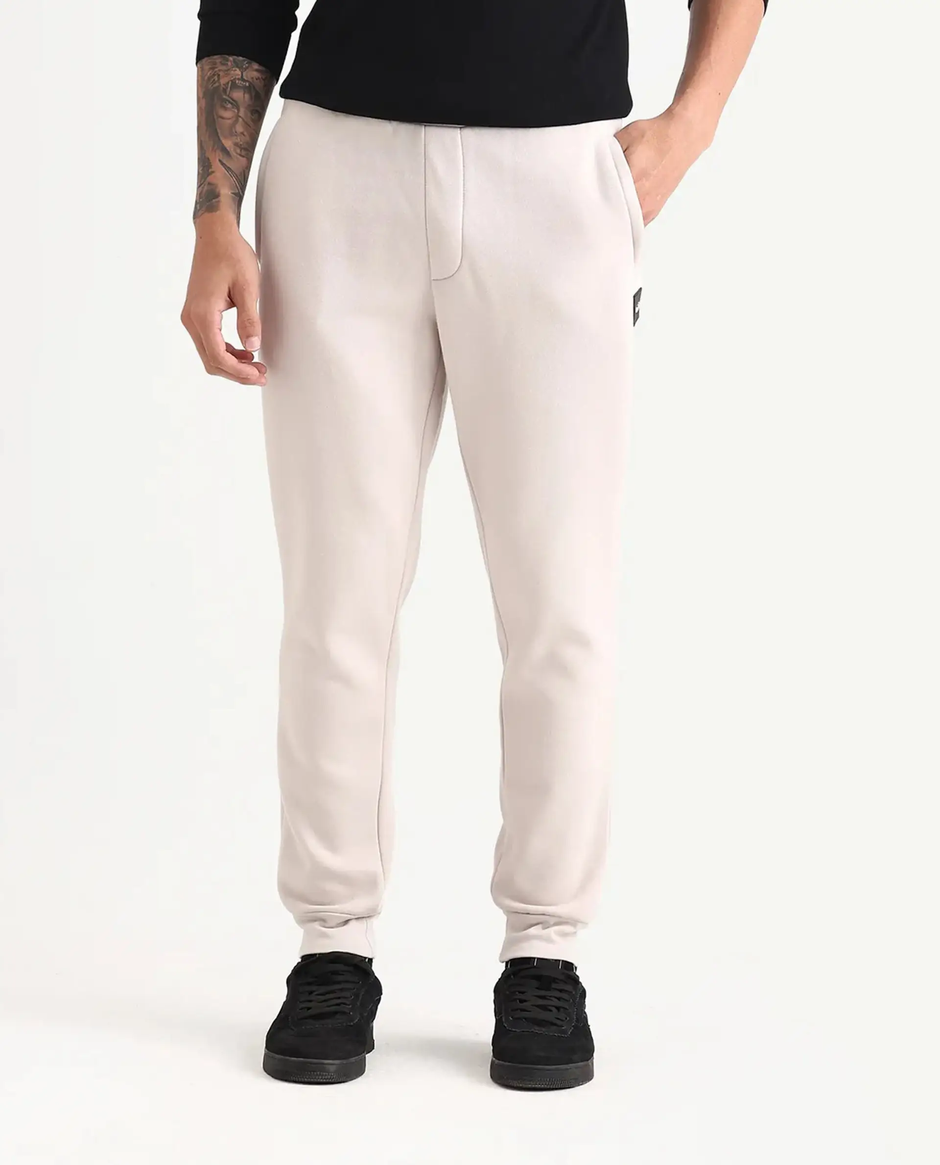 Rare Rabbit Men's Ander Off White Cotton Plain Regular Fit Track Joggers - Image 9
