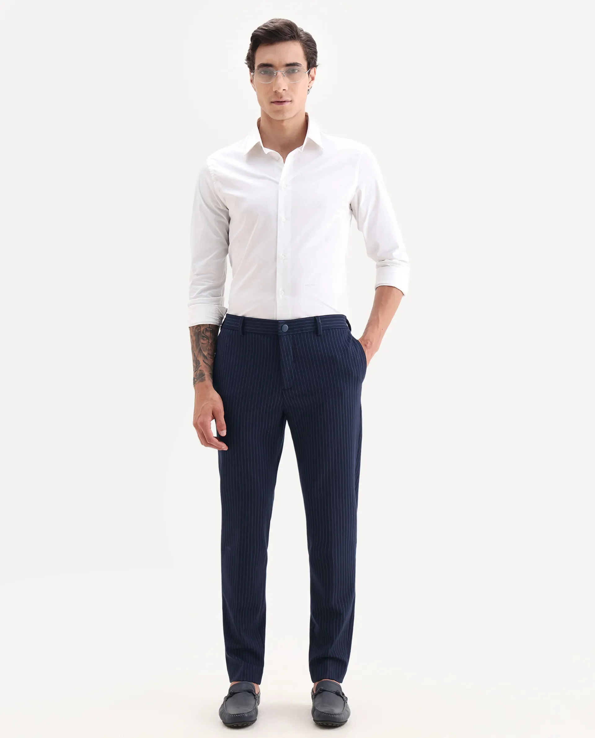 Rare Rabbit Men's Ander Navy Plain Regular Fit Trouser