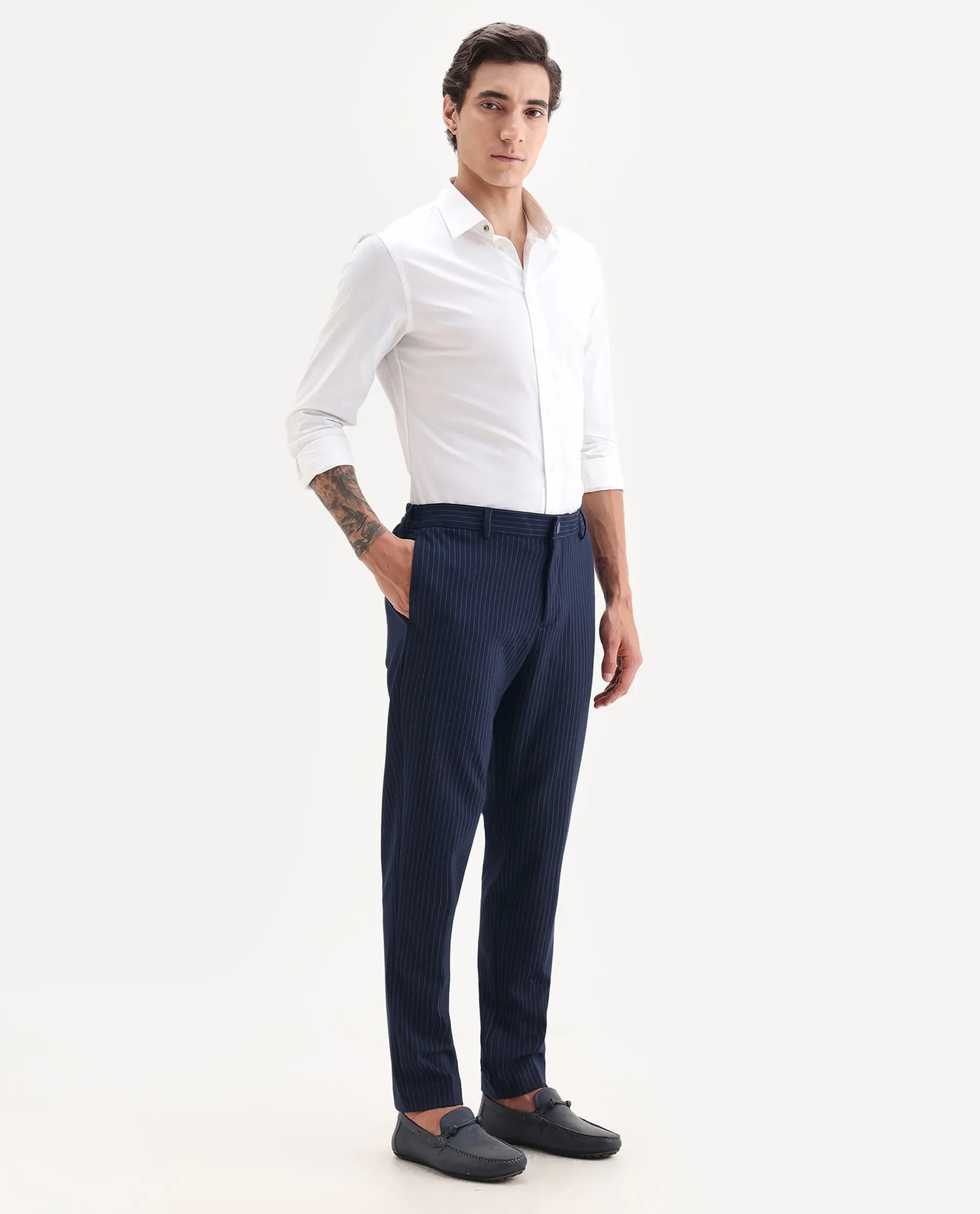 Rare Rabbit Men's Ander Navy Plain Regular Fit Trouser - Image 6