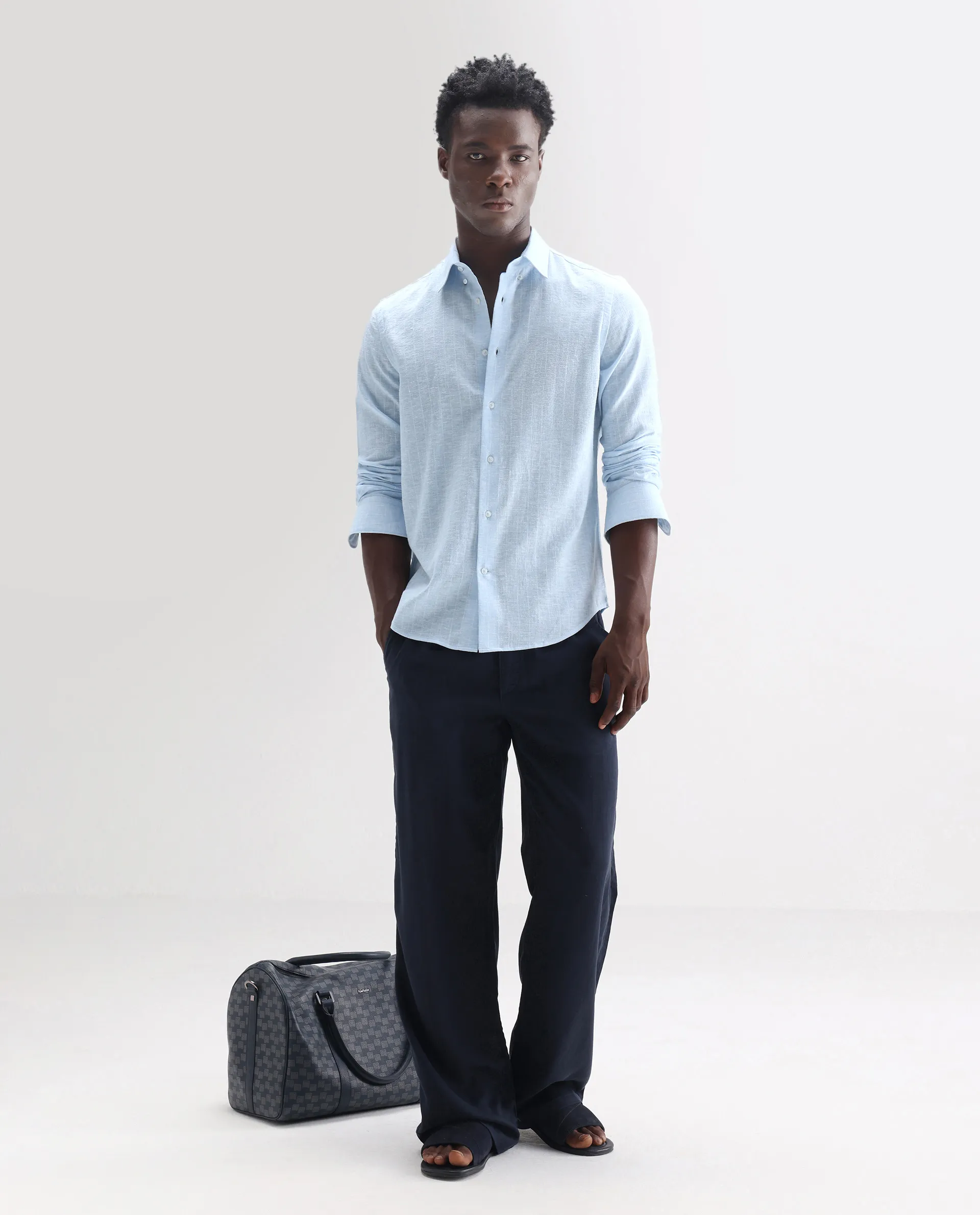 Rare Rabbit Men's Anders Light Blue 100% Linen Striped Print Regular Fit Full Sleeve Collared Shirt - Image 2