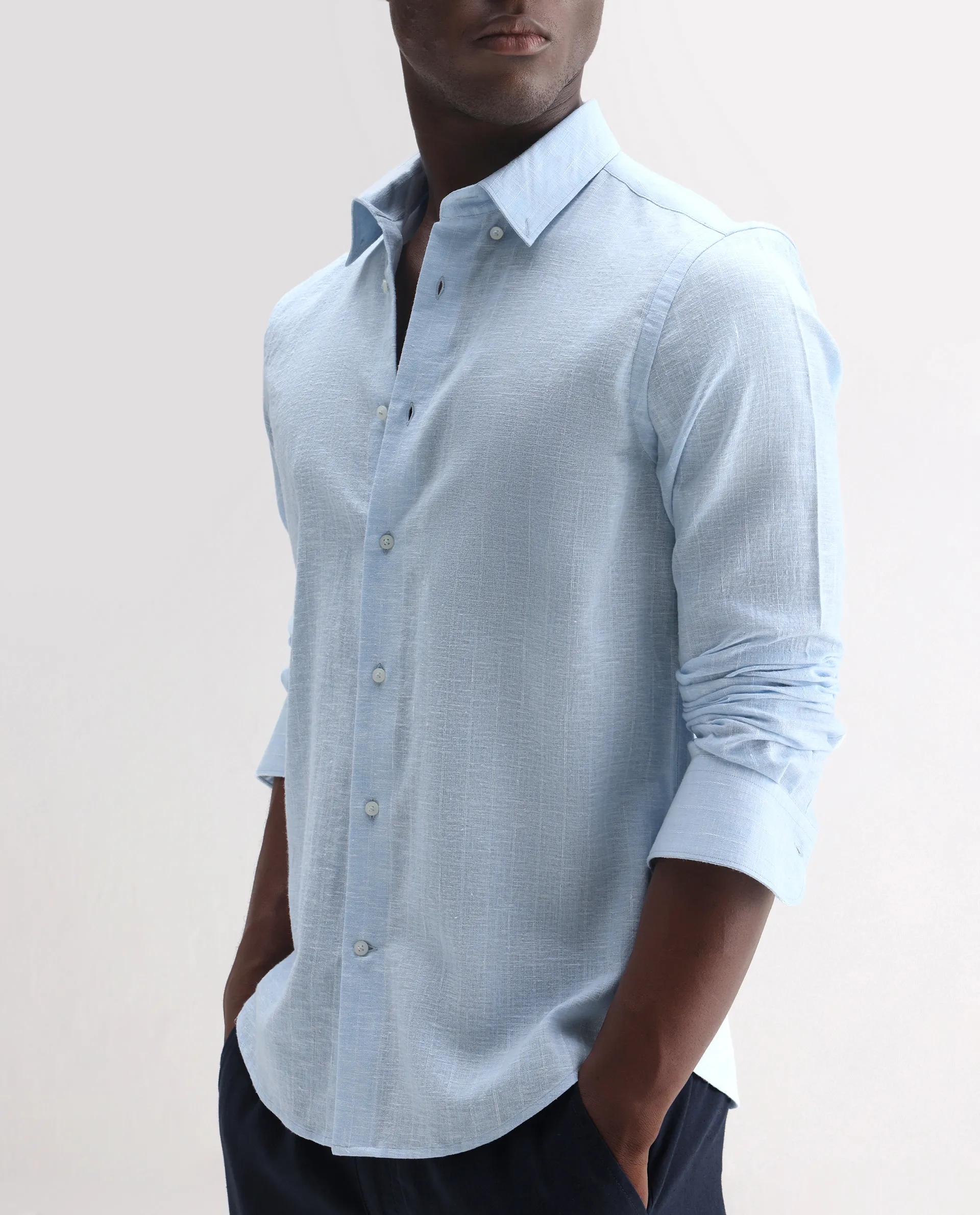 Rare Rabbit Men's Anders Light Blue 100% Linen Striped Print Regular Fit Full Sleeve Collared Shirt - Image 3