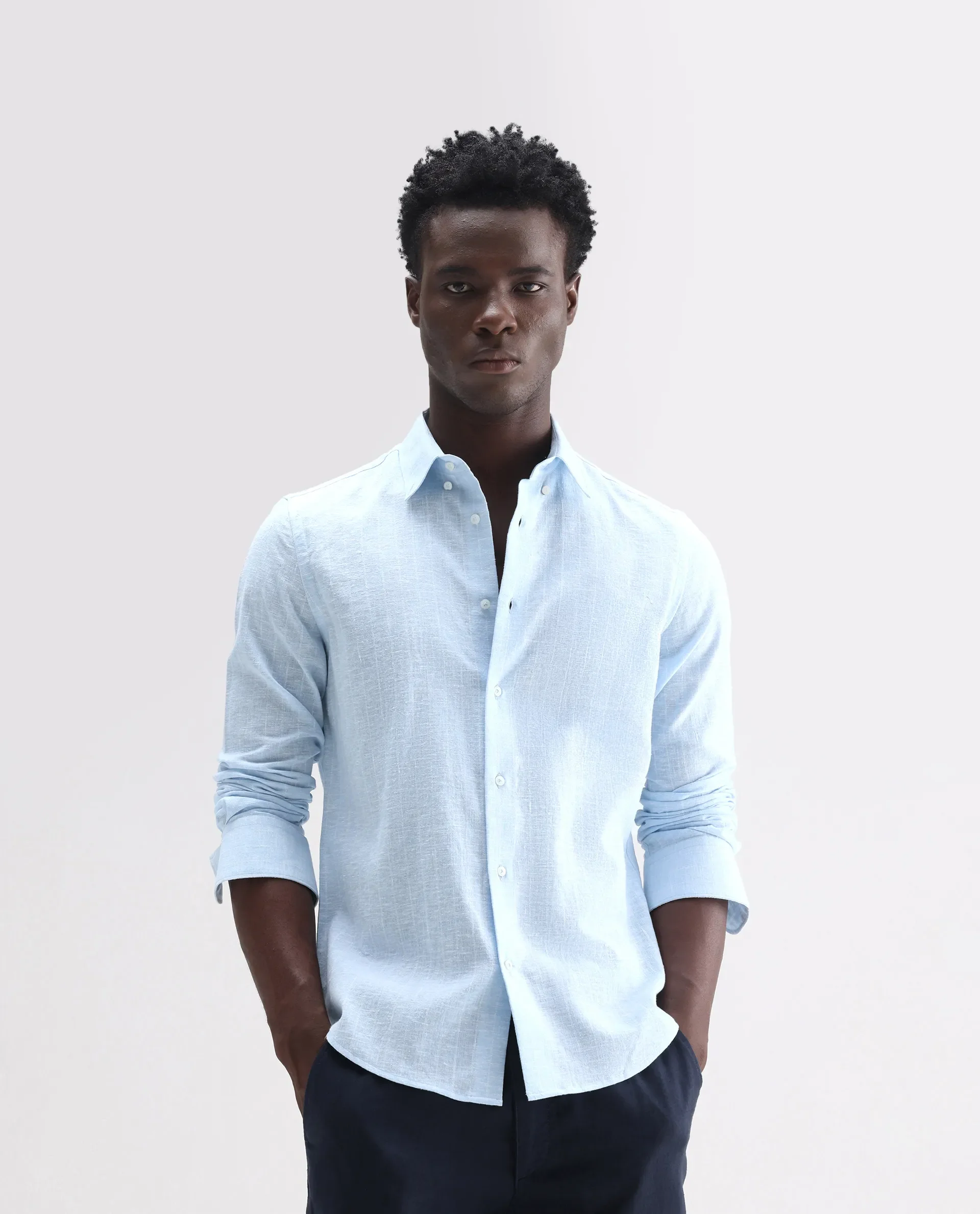 Rare Rabbit Men's Anders Light Blue 100% Linen Striped Print Regular Fit Full Sleeve Collared Shirt - Image 4