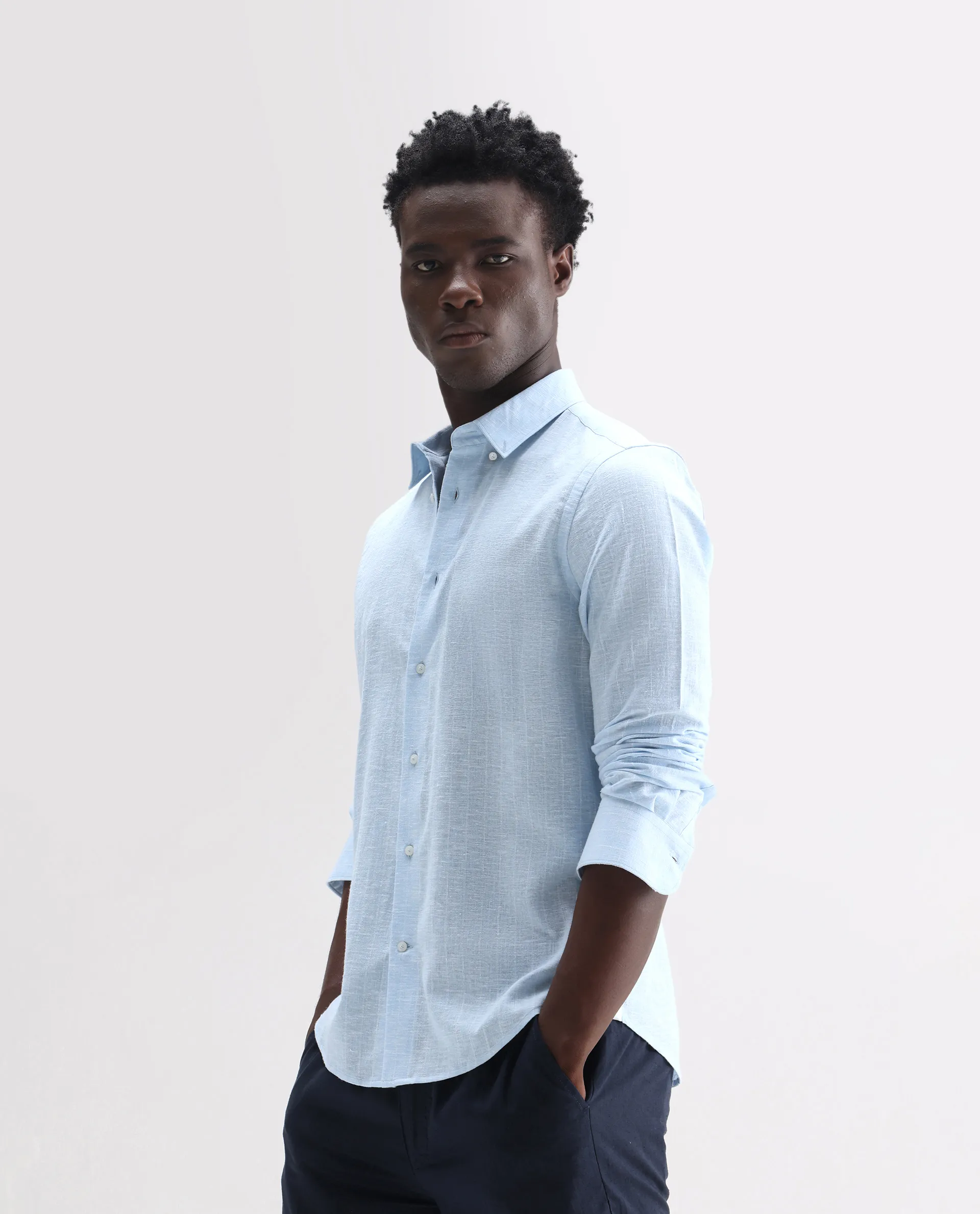 Rare Rabbit Men's Anders Light Blue 100% Linen Striped Print Regular Fit Full Sleeve Collared Shirt - Image 5