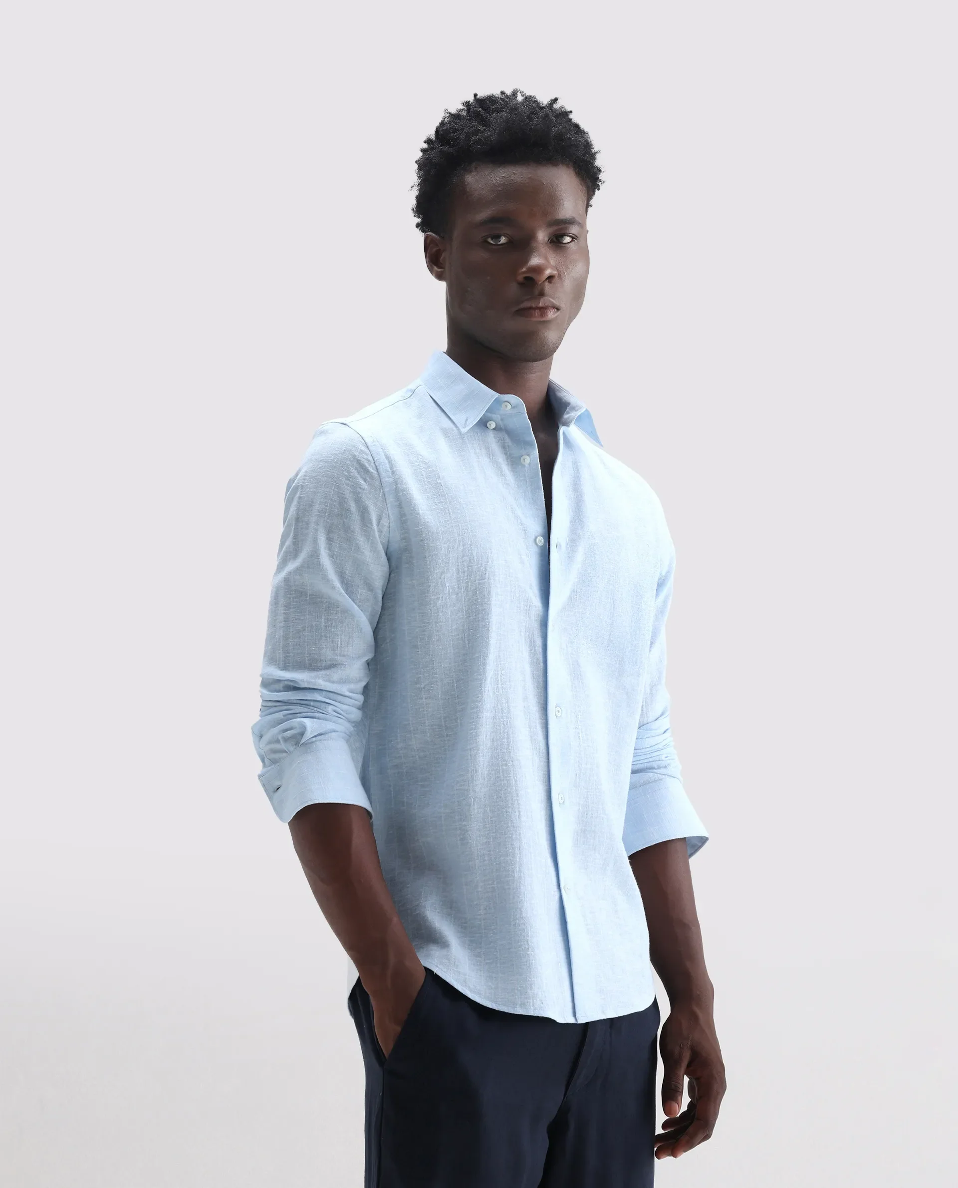 Rare Rabbit Men's Anders Light Blue 100% Linen Striped Print Regular Fit Full Sleeve Collared Shirt - Image 6