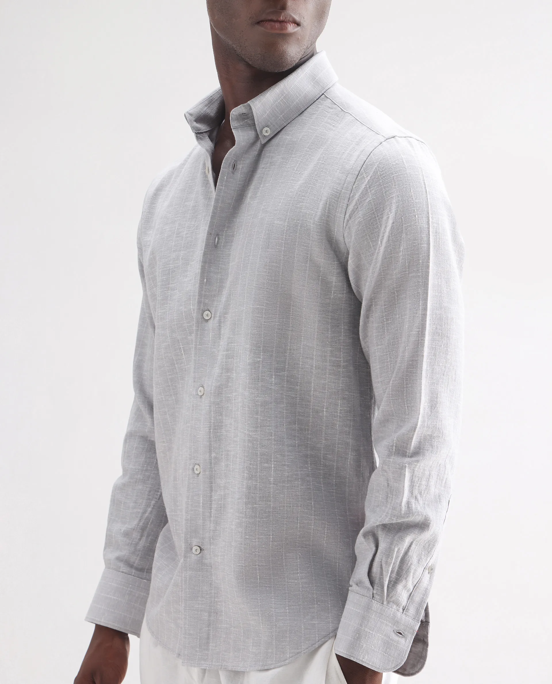 Rare Rabbit Men's Anders Light Grey 100% Linen Striped Print Regular Fit Full Sleeve Collared Shirt - Image 3