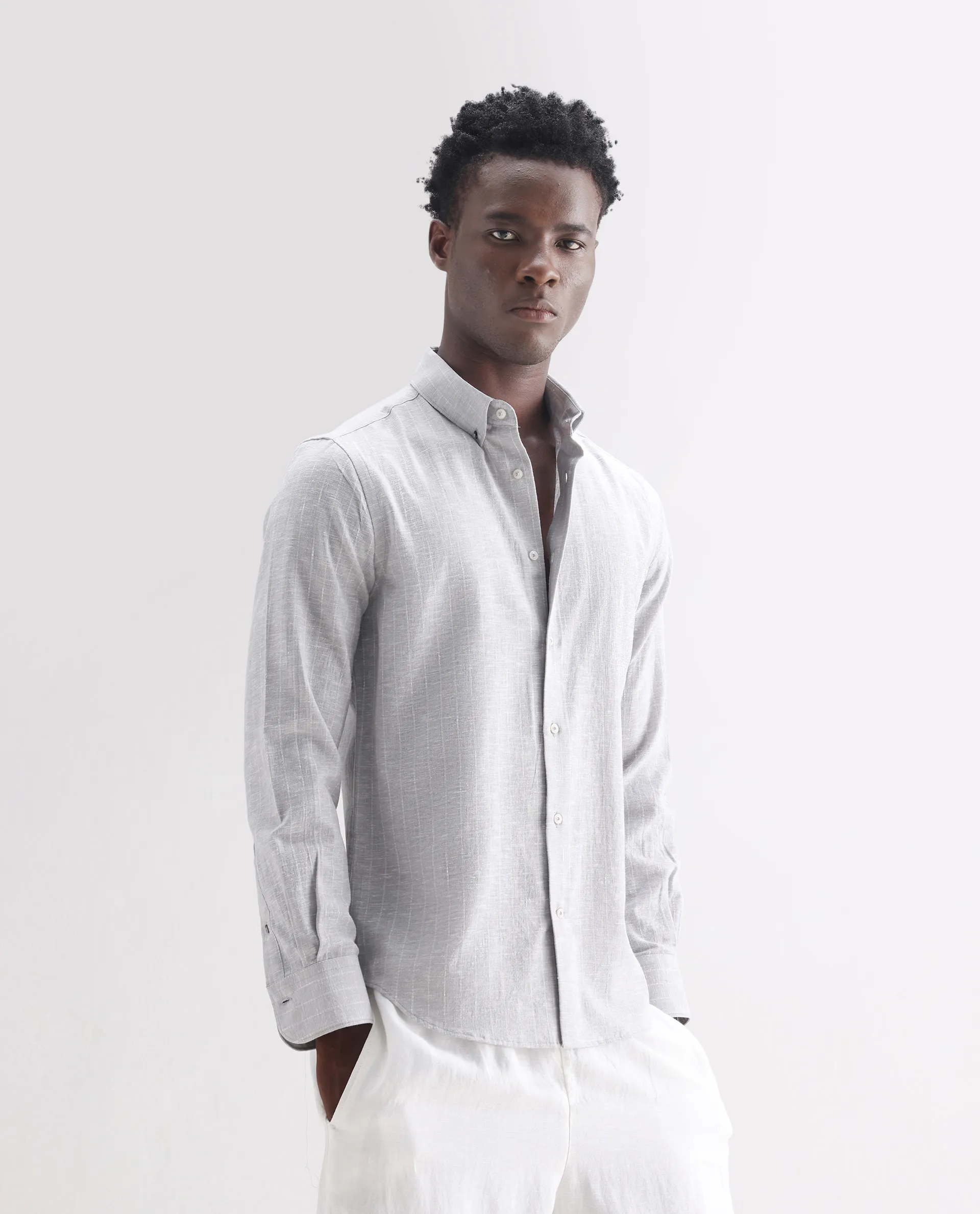 Rare Rabbit Men's Anders Light Grey 100% Linen Striped Print Regular Fit Full Sleeve Collared Shirt - Image 5