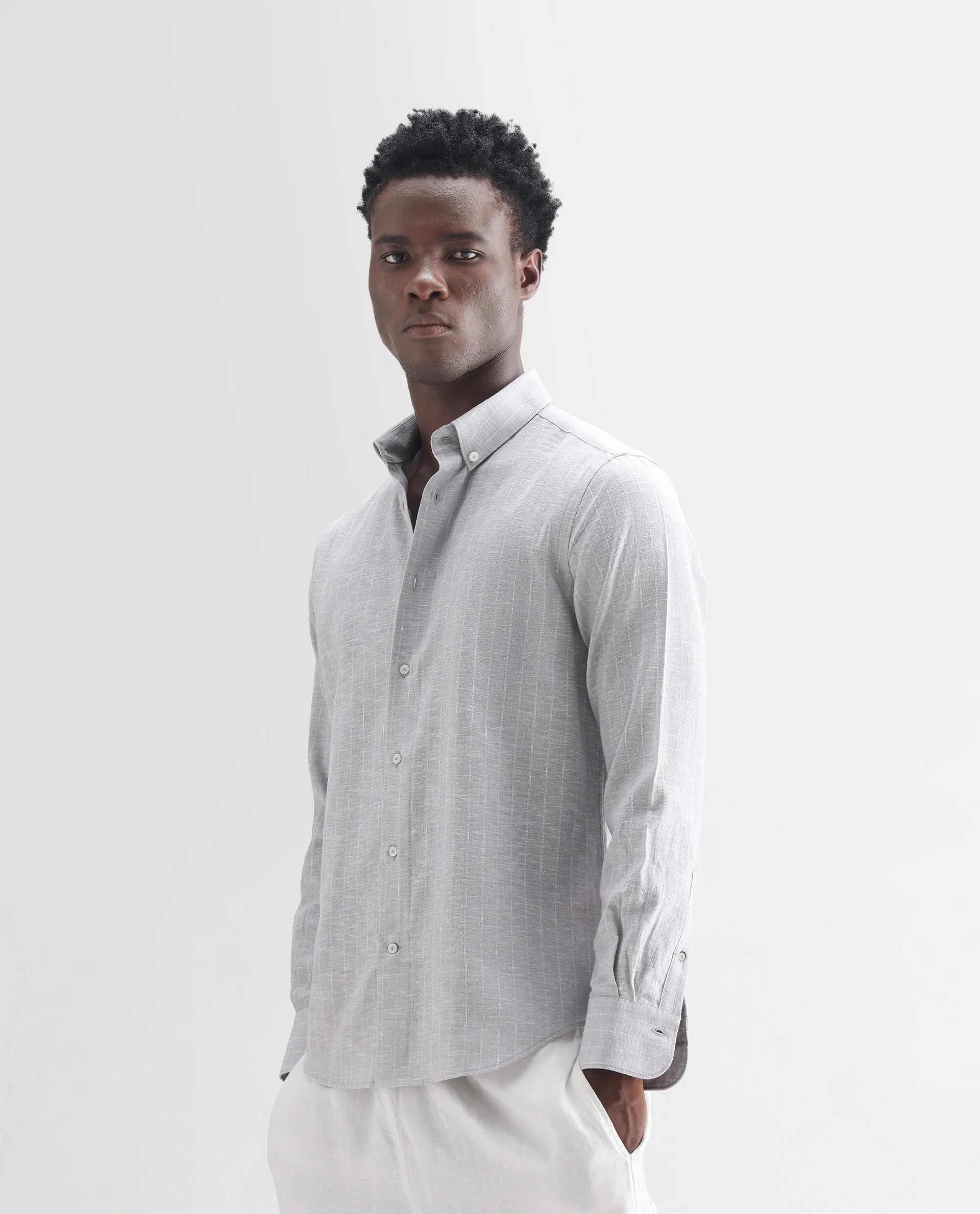 Rare Rabbit Men's Anders Light Grey 100% Linen Striped Print Regular Fit Full Sleeve Collared Shirt - Image 6