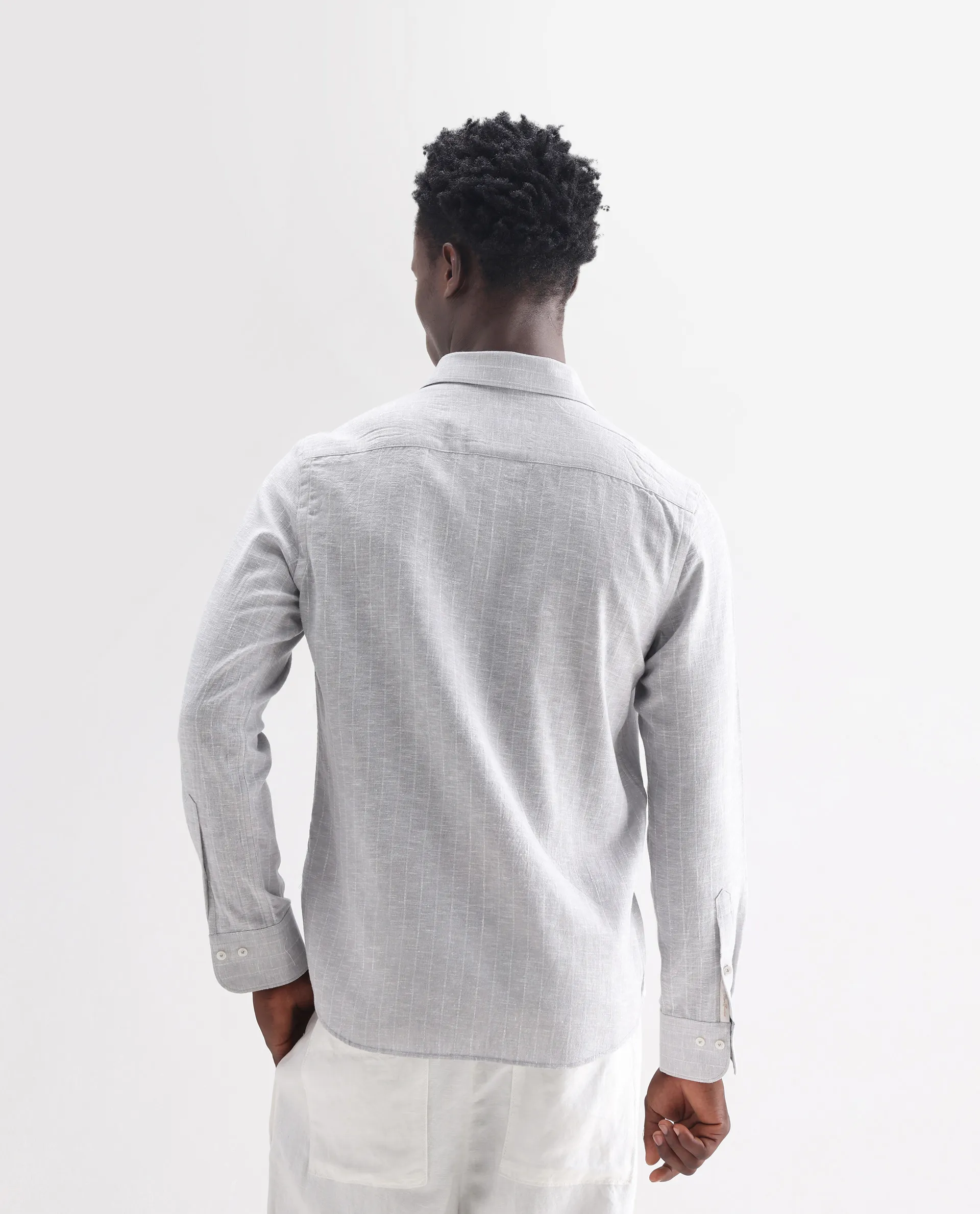 Rare Rabbit Men's Anders Light Grey 100% Linen Striped Print Regular Fit Full Sleeve Collared Shirt - Image 8