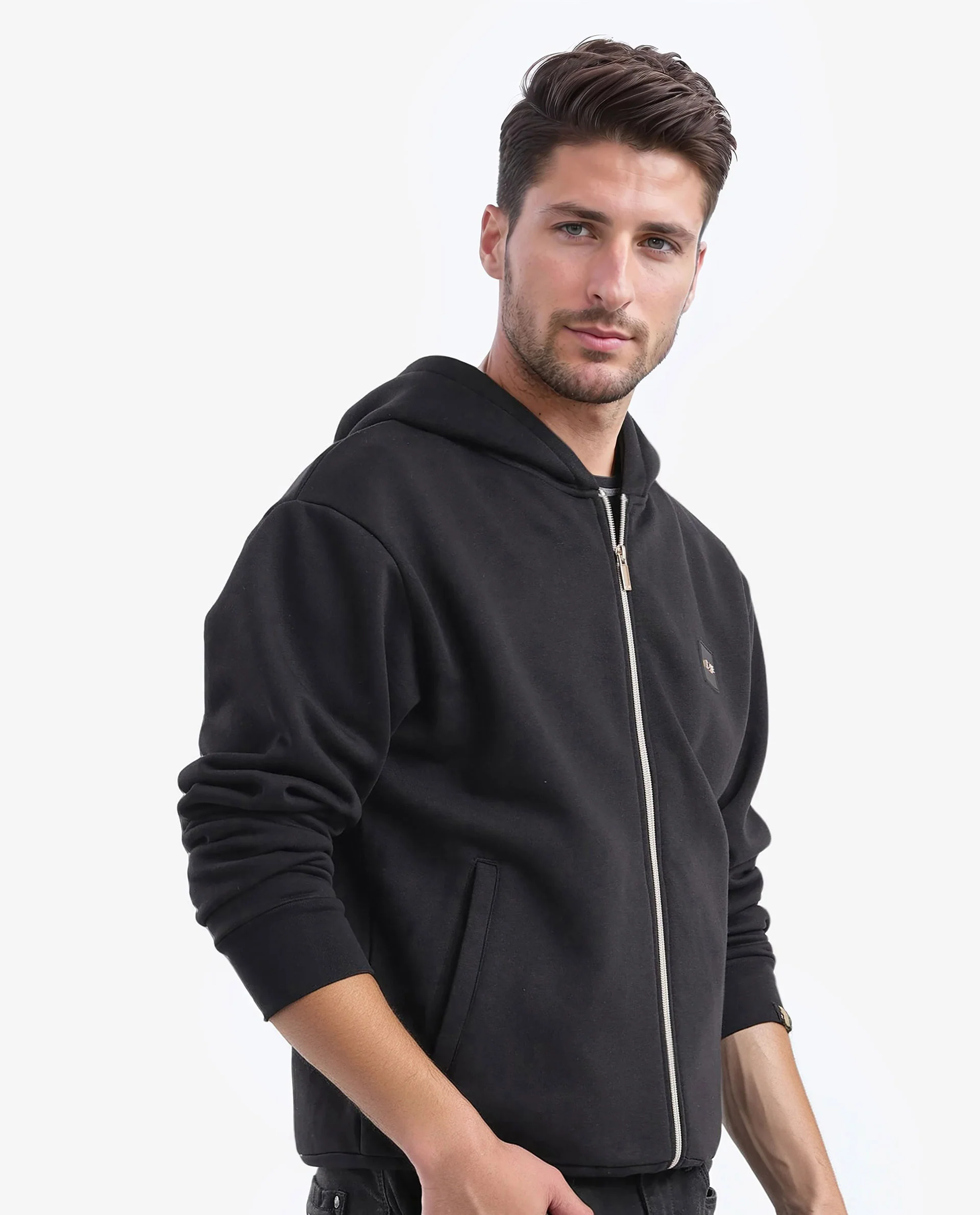 Rare Rabbit Men's Anderson-2 Black Cotton Brand Logo Print Regular Fit Full Sleeve Hooded Sweatshirt - Image 4