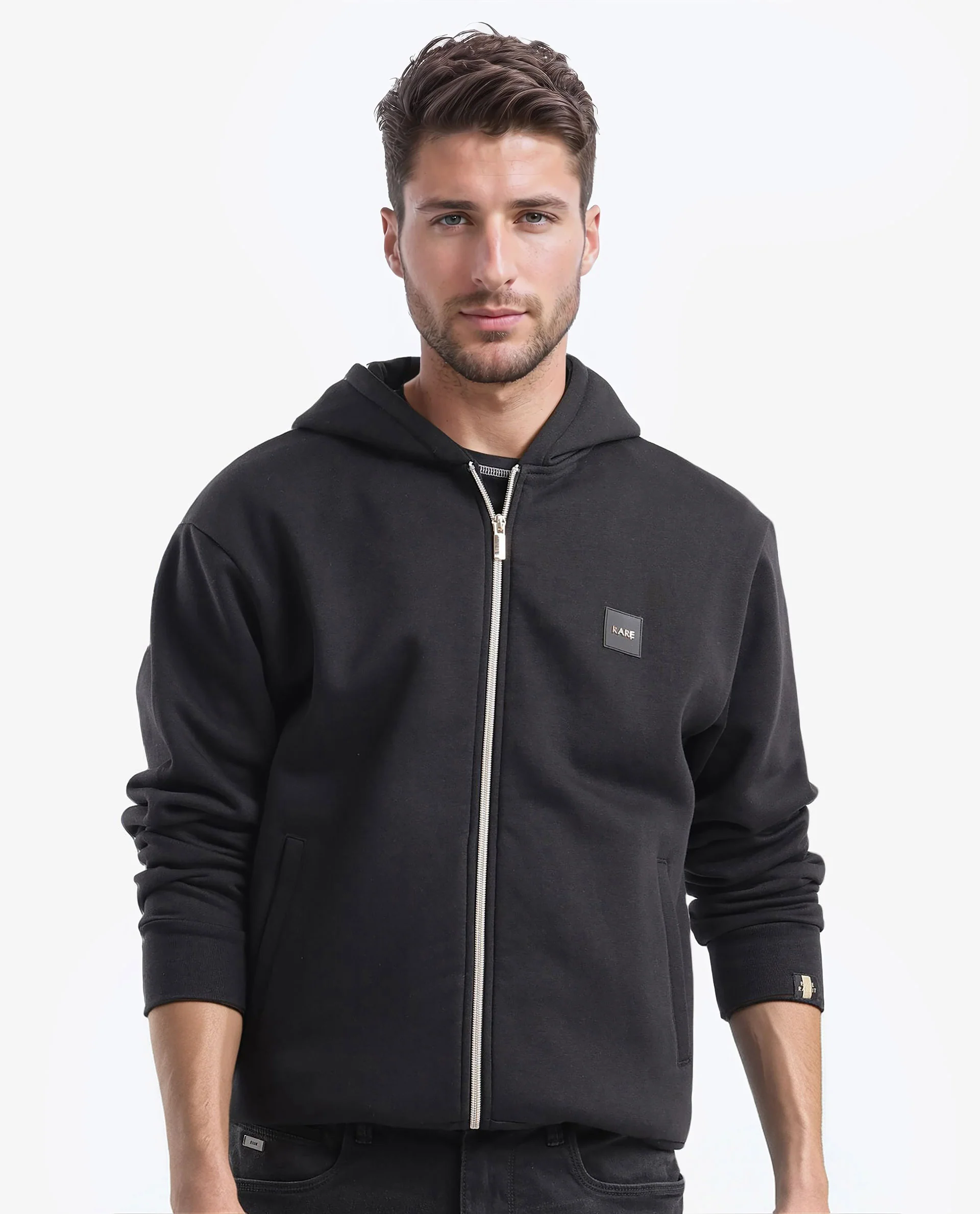 Rare Rabbit Men's Anderson-2 Black Cotton Brand Logo Print Regular Fit Full Sleeve Hooded Sweatshirt - Image 5