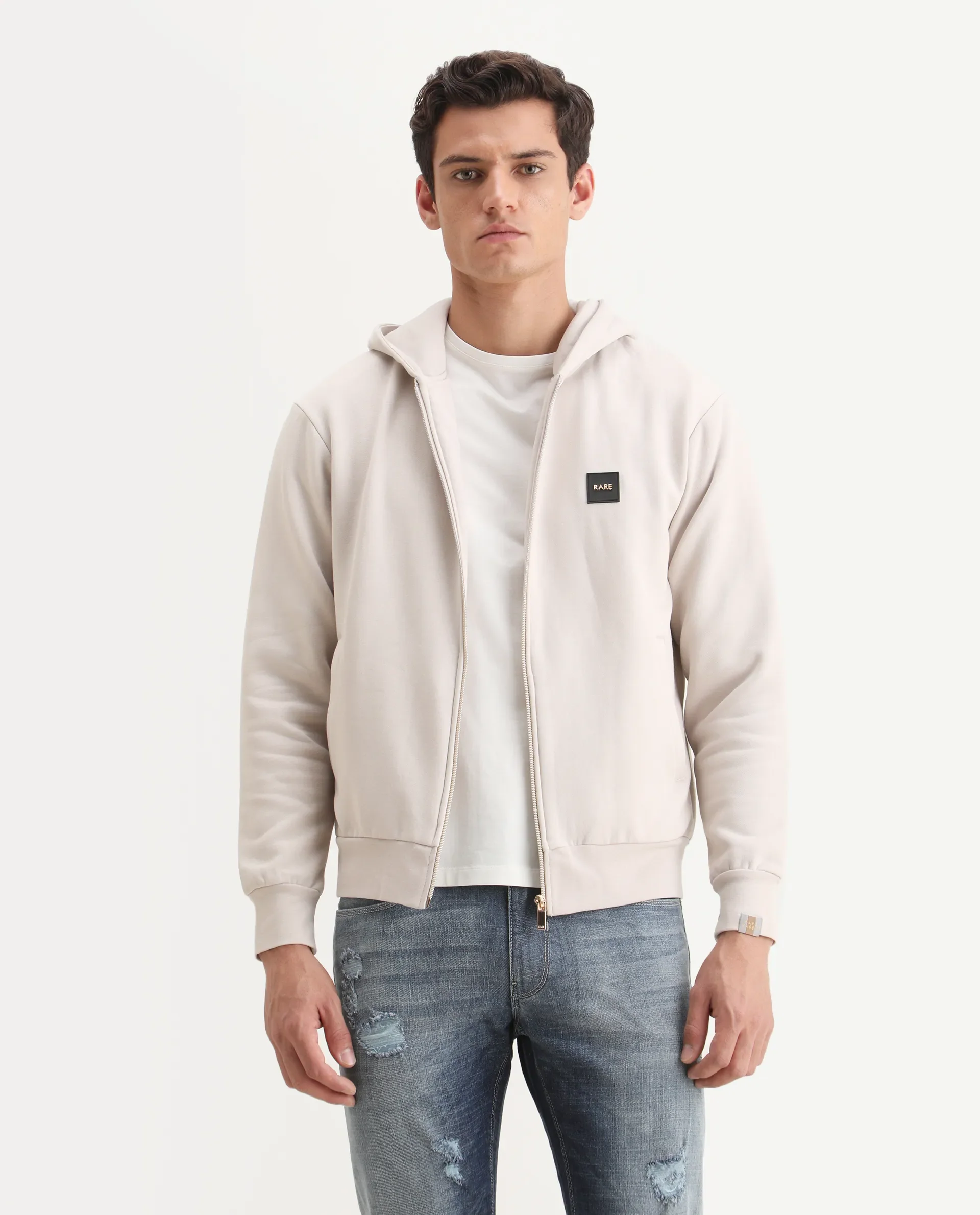 Rare Rabbit Men's Anderson-2 Off White Cotton Brand Logo Print Regular Fit Full Sleeve Hooded Sweatshirt - Image 4