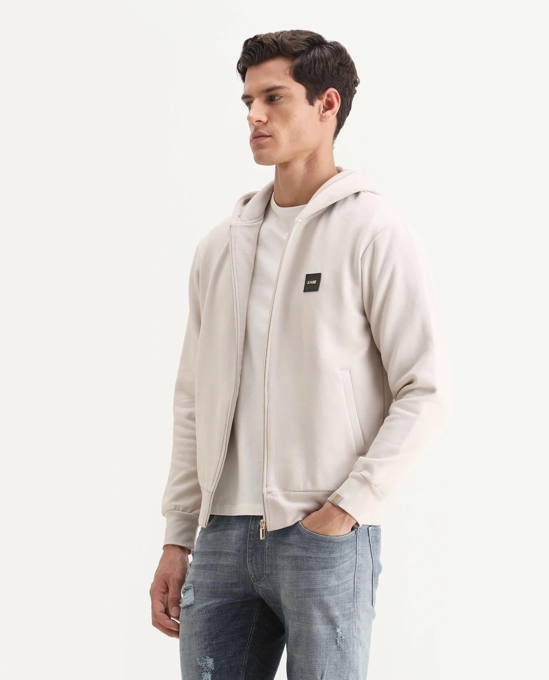 Rare Rabbit Men's Anderson-2 Off White Cotton Brand Logo Print Regular Fit Full Sleeve Hooded Sweatshirt - Image 5