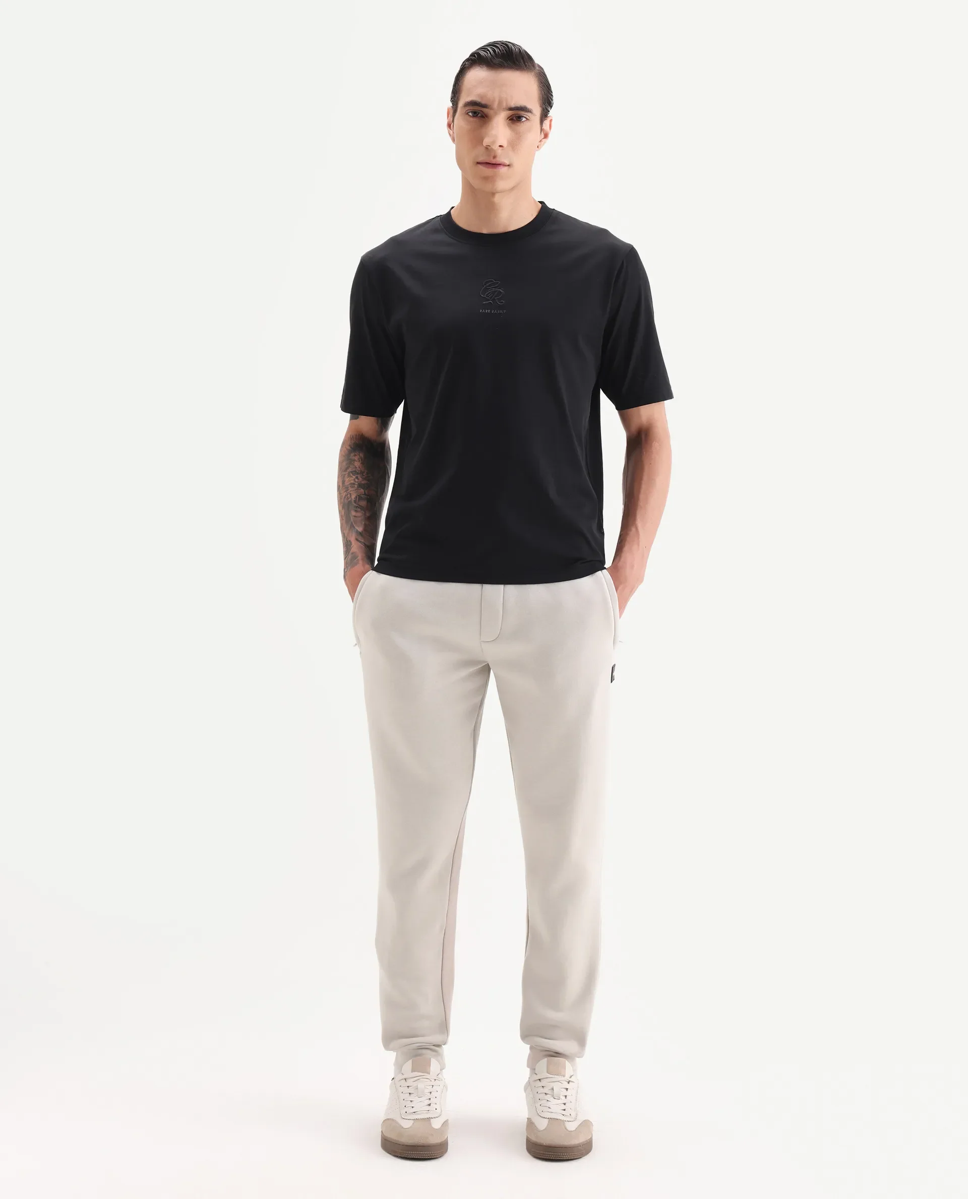 Rare Rabbit Men's Anderson-B25 Beige Cotton Blend Plain Joggers