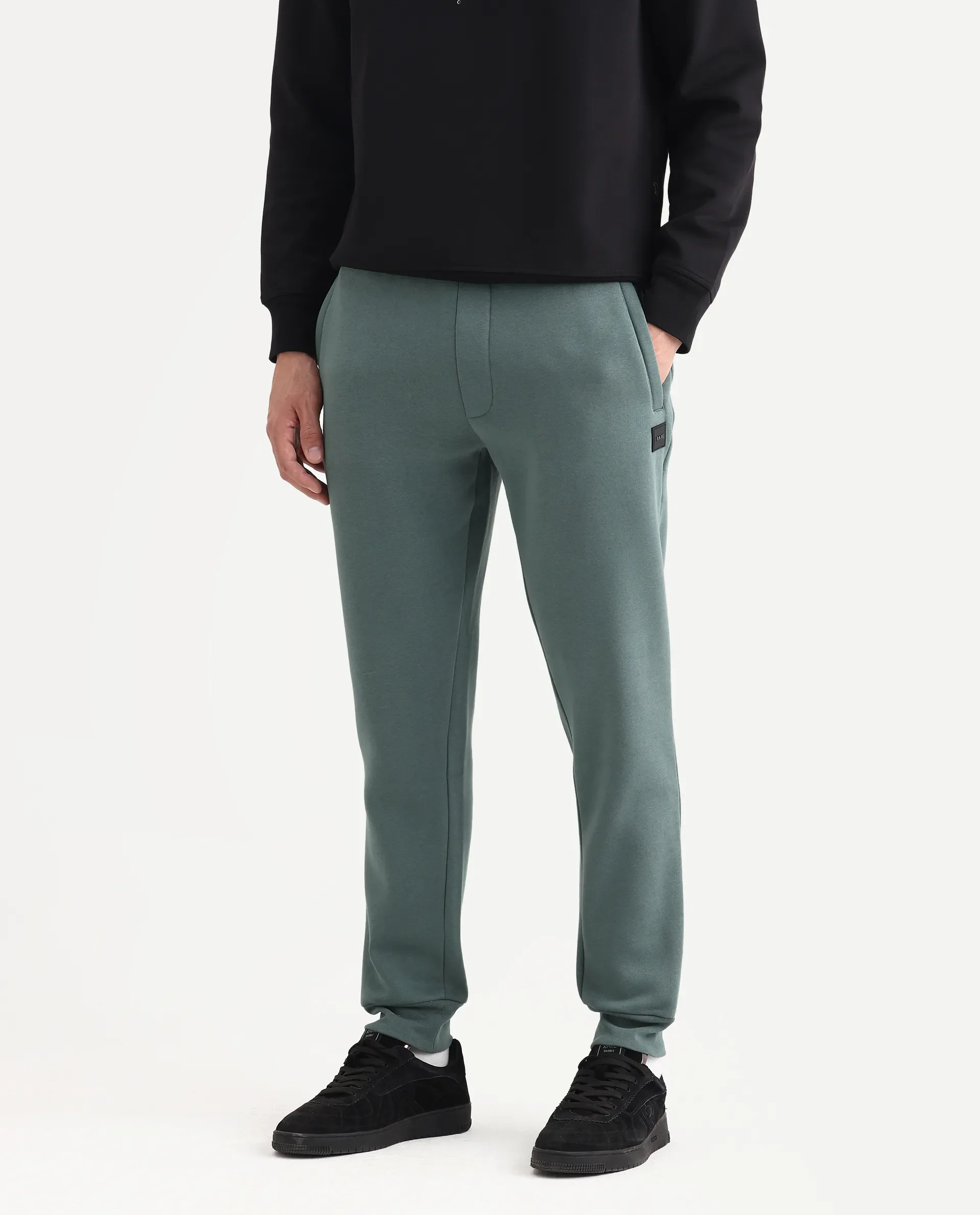 Rare Rabbit Men's Anderson-B25 Dusky Green Cotton Blend Fabric Regular Fit Badge Print Joggers - Image 2