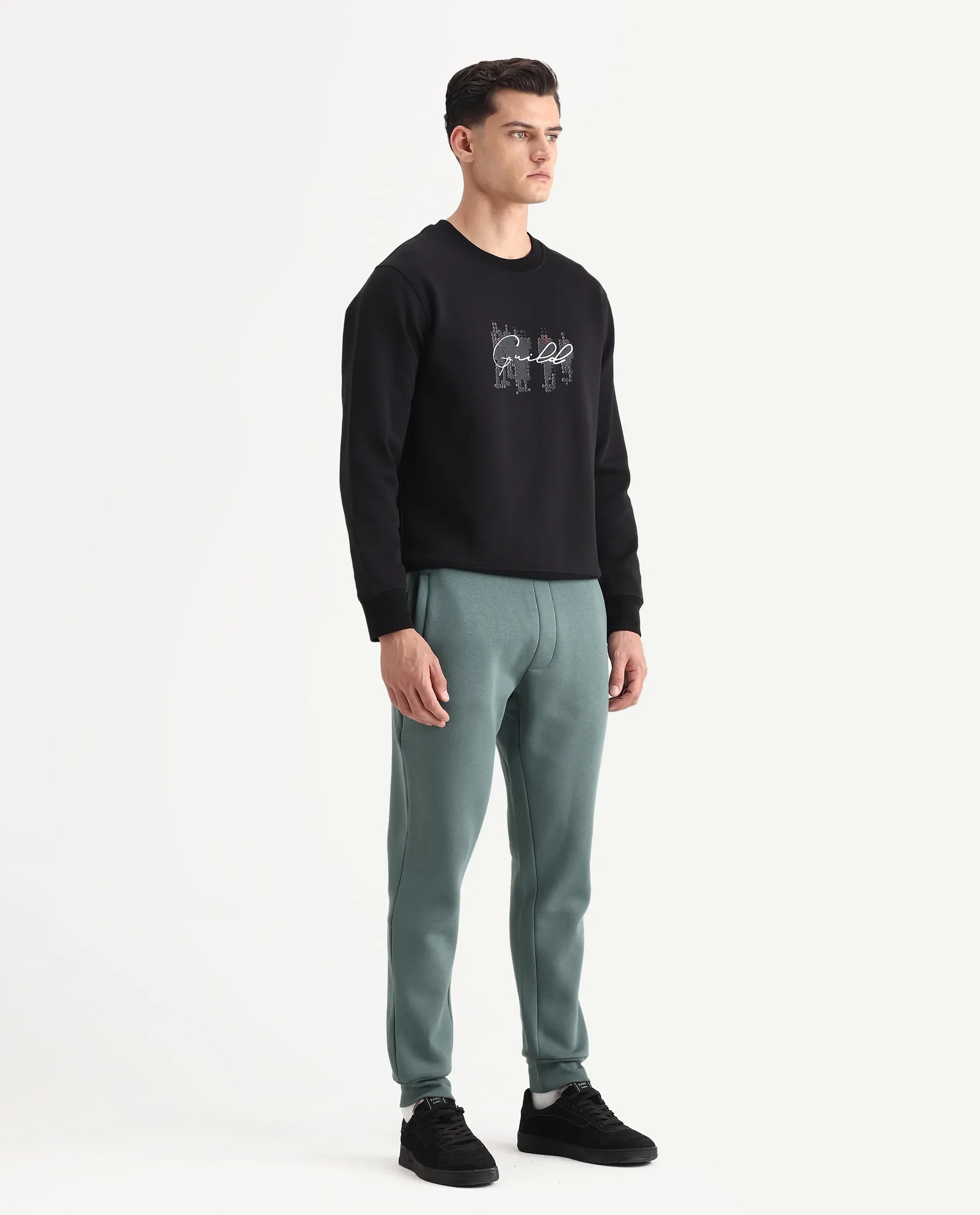 Rare Rabbit Men's Anderson-B25 Dusky Green Cotton Blend Fabric Regular Fit Badge Print Joggers - Image 5