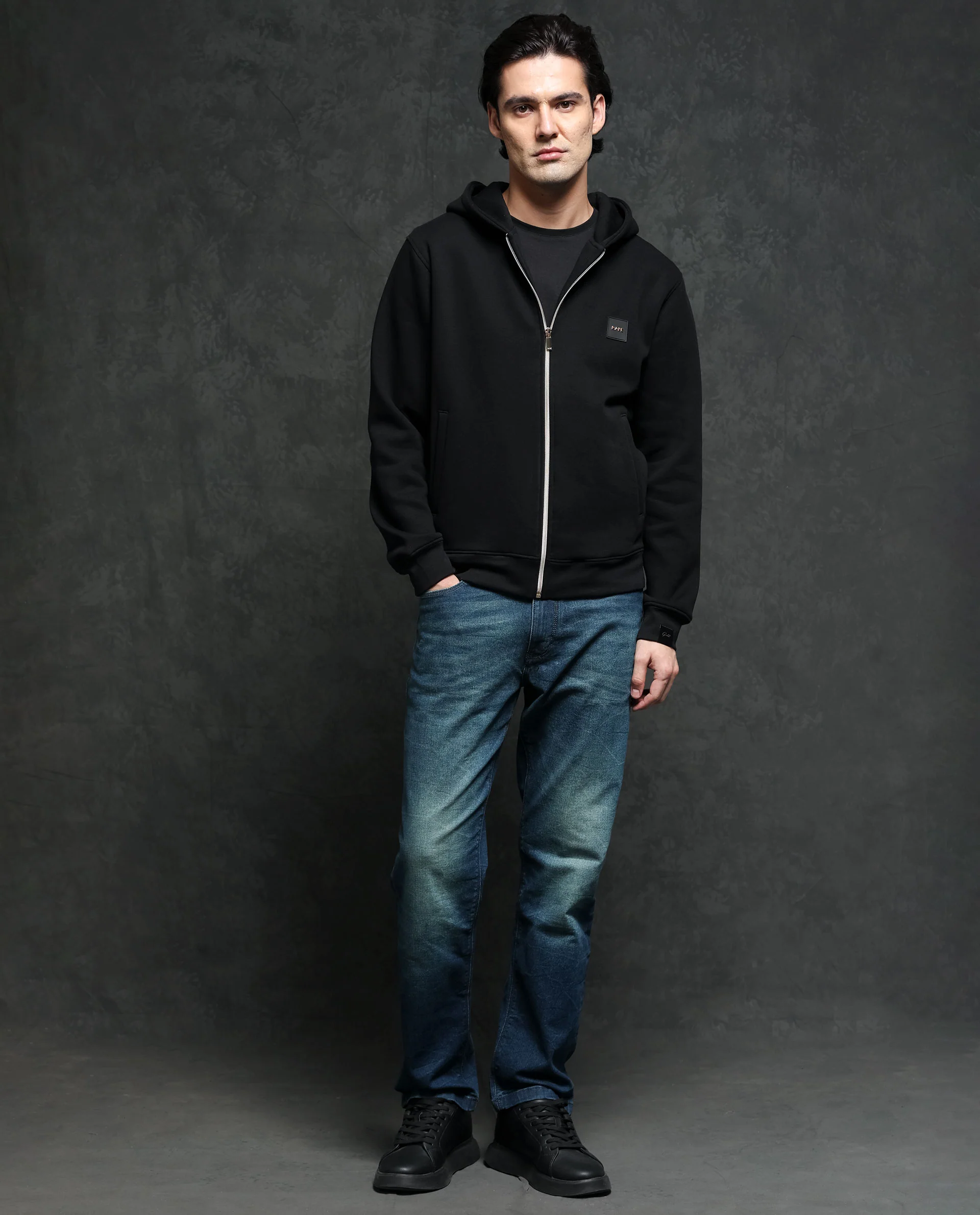 Rare Rabbit Men's Anderson Black Cotton Plain Regular Fit Full Sleeve Hooded Sweatshirt - Image 3