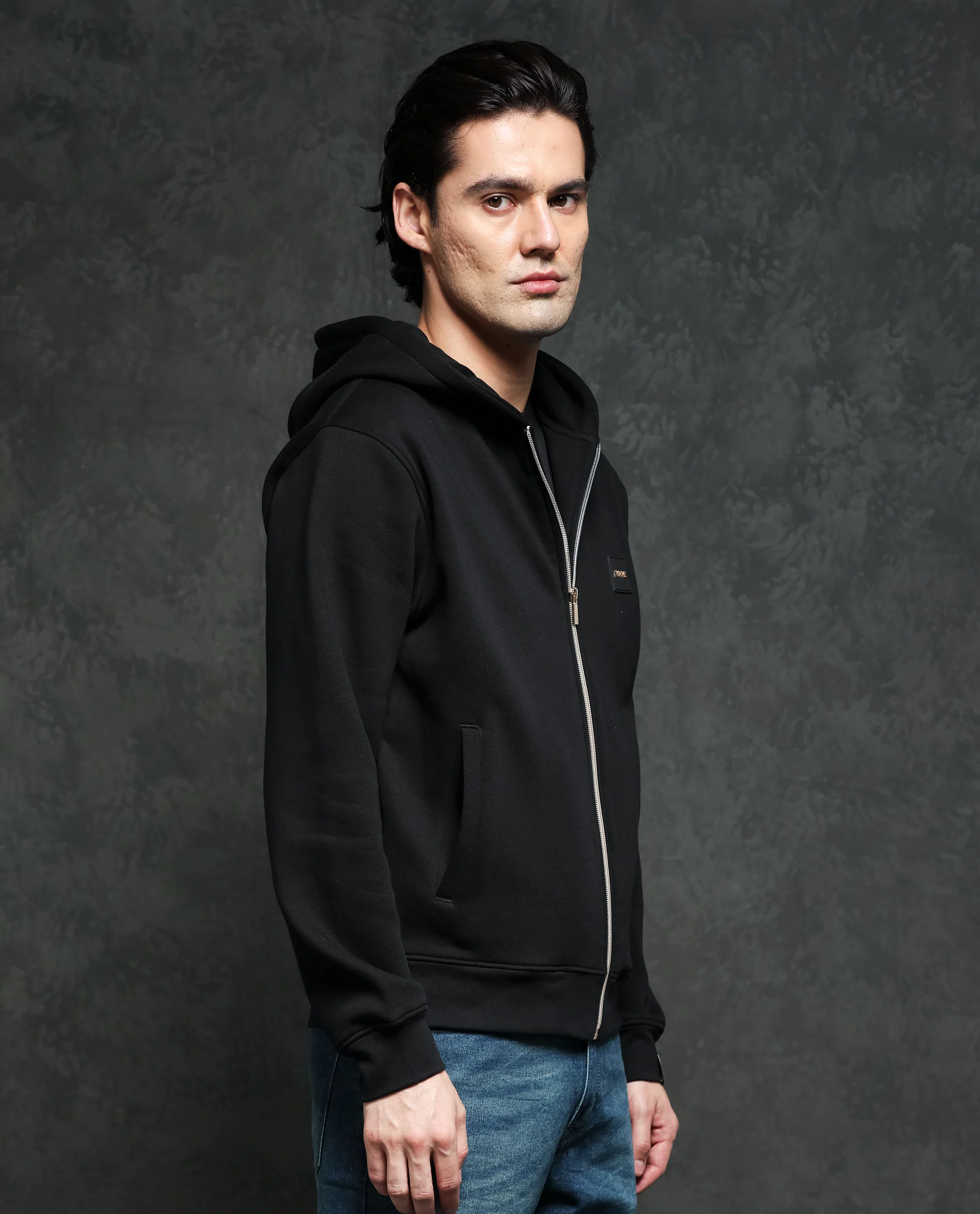 Rare Rabbit Men's Anderson Black Cotton Plain Regular Fit Full Sleeve Hooded Sweatshirt - Image 6