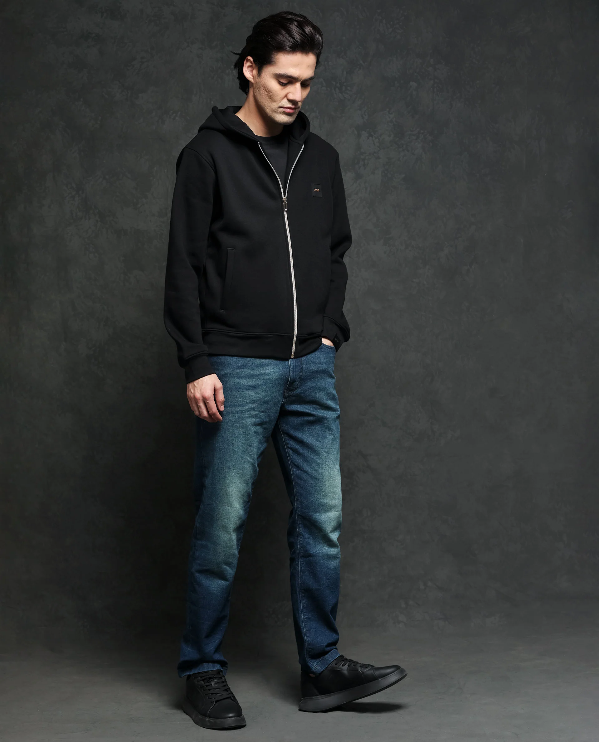 Rare Rabbit Men's Anderson Black Cotton Plain Regular Fit Full Sleeve Hooded Sweatshirt - Image 7