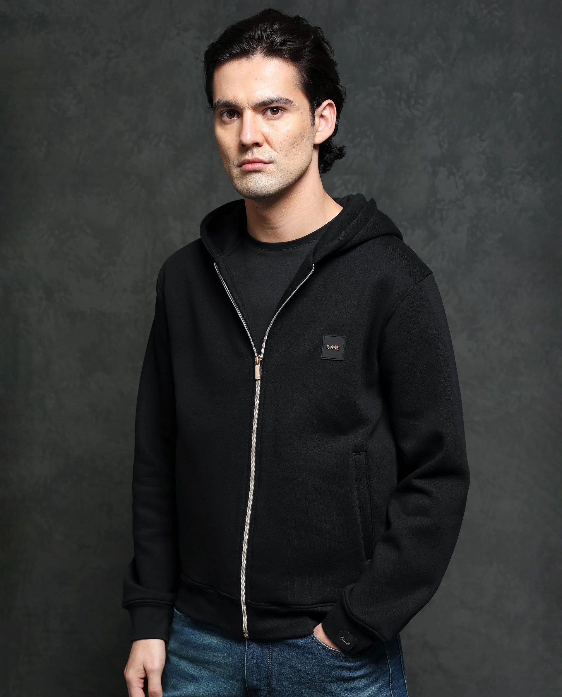 Rare Rabbit Men's Anderson Black Cotton Plain Regular Fit Full Sleeve Hooded Sweatshirt - Image 8