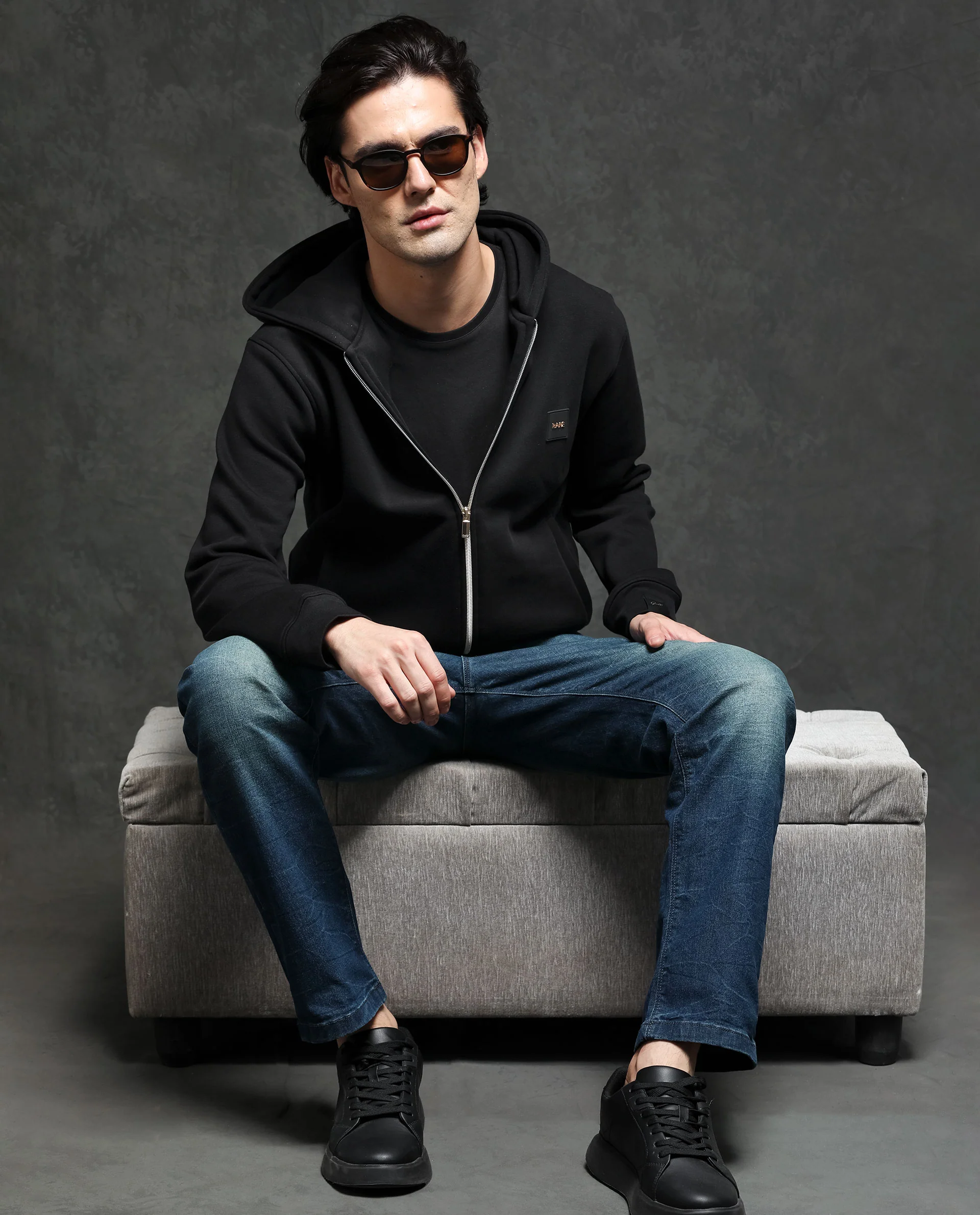 Rare Rabbit Men's Anderson Black Cotton Plain Regular Fit Full Sleeve Hooded Sweatshirt - Image 9