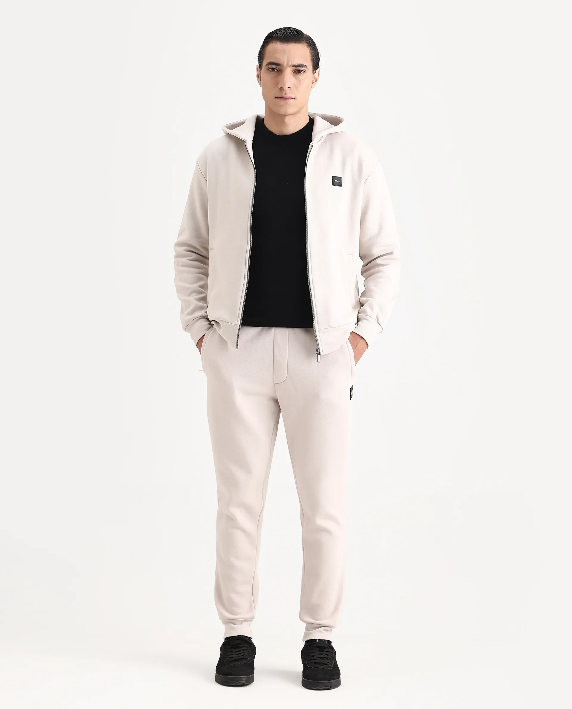Rare Rabbit Men's Anderson-T25 Beige Cotton Blend Plain Regular Fit Full Sleeve Hooded Sweatshirt - Image 2