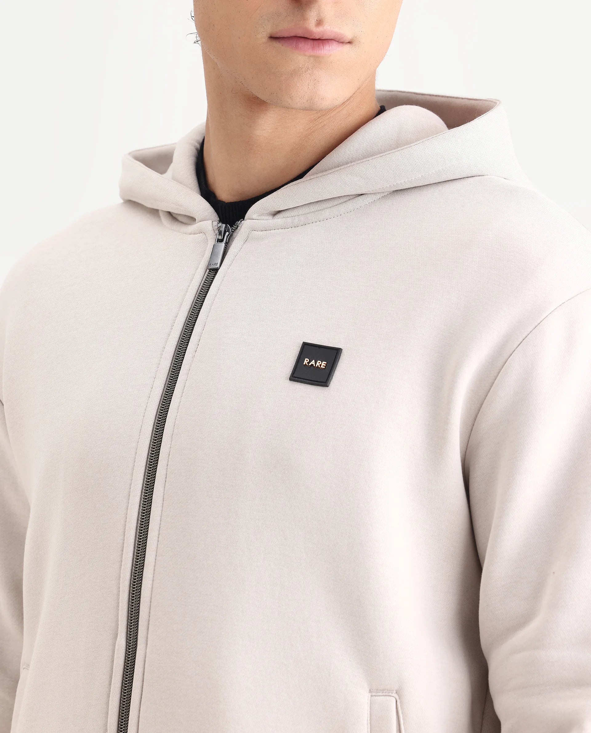 Rare Rabbit Men's Anderson-T25 Beige Cotton Blend Plain Regular Fit Full Sleeve Hooded Sweatshirt - Image 3
