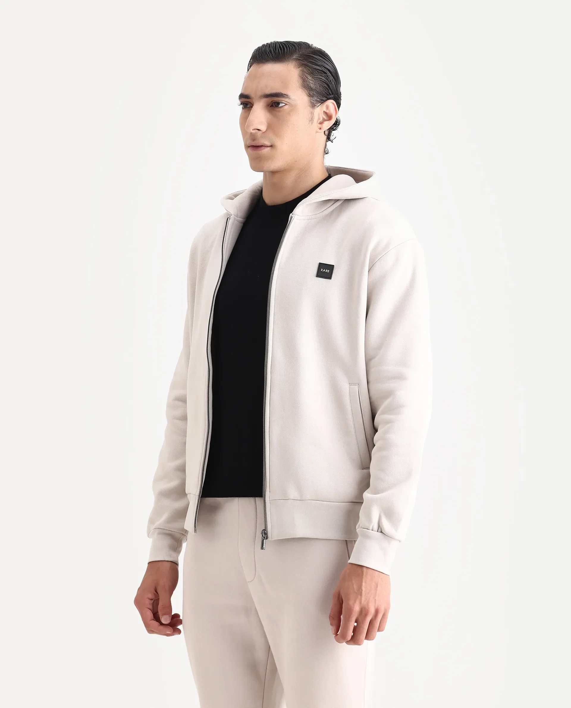 Rare Rabbit Men's Anderson-T25 Beige Cotton Blend Plain Regular Fit Full Sleeve Hooded Sweatshirt - Image 4