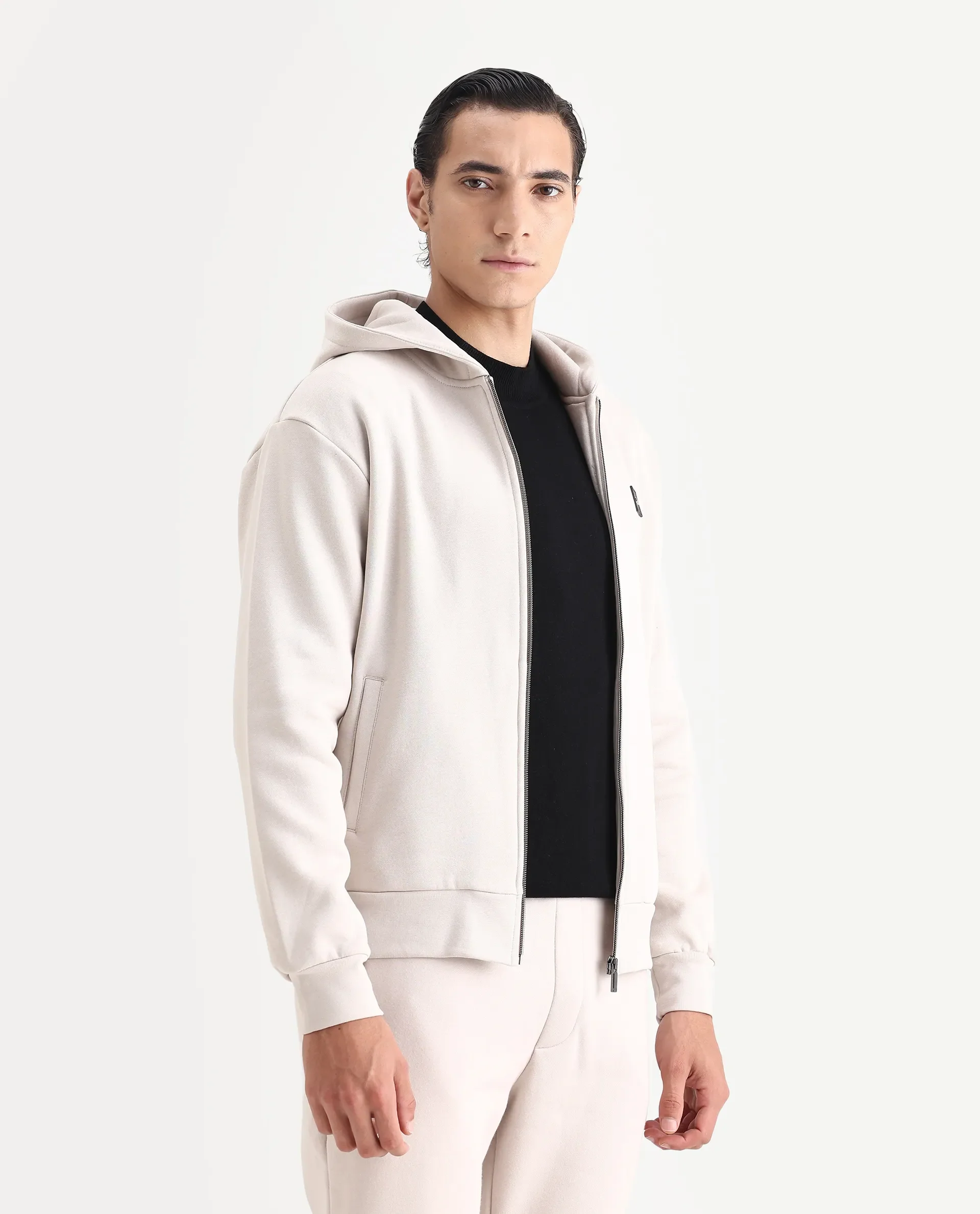 Rare Rabbit Men's Anderson-T25 Beige Cotton Blend Plain Regular Fit Full Sleeve Hooded Sweatshirt - Image 5