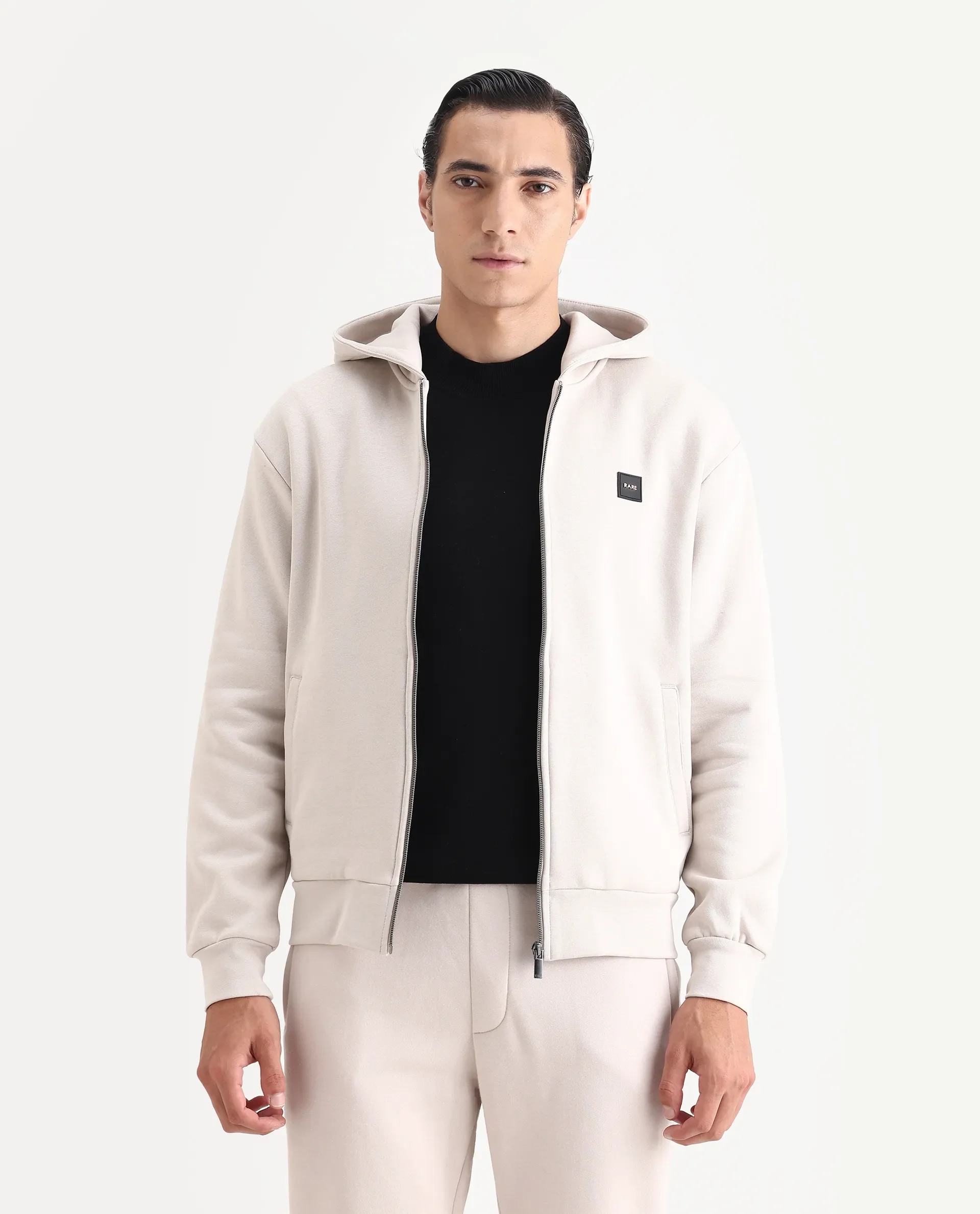 Rare Rabbit Men's Anderson-T25 Beige Cotton Blend Plain Regular Fit Full Sleeve Hooded Sweatshirt - Image 6